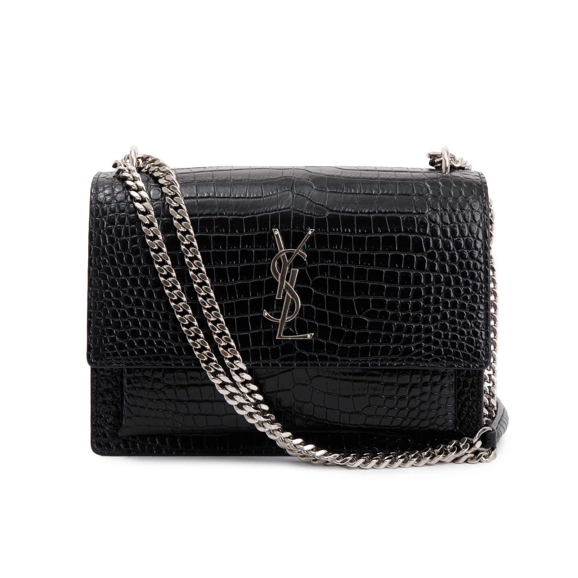Saint Laurent Black Medium Crocodile Embossed Sunset Bag