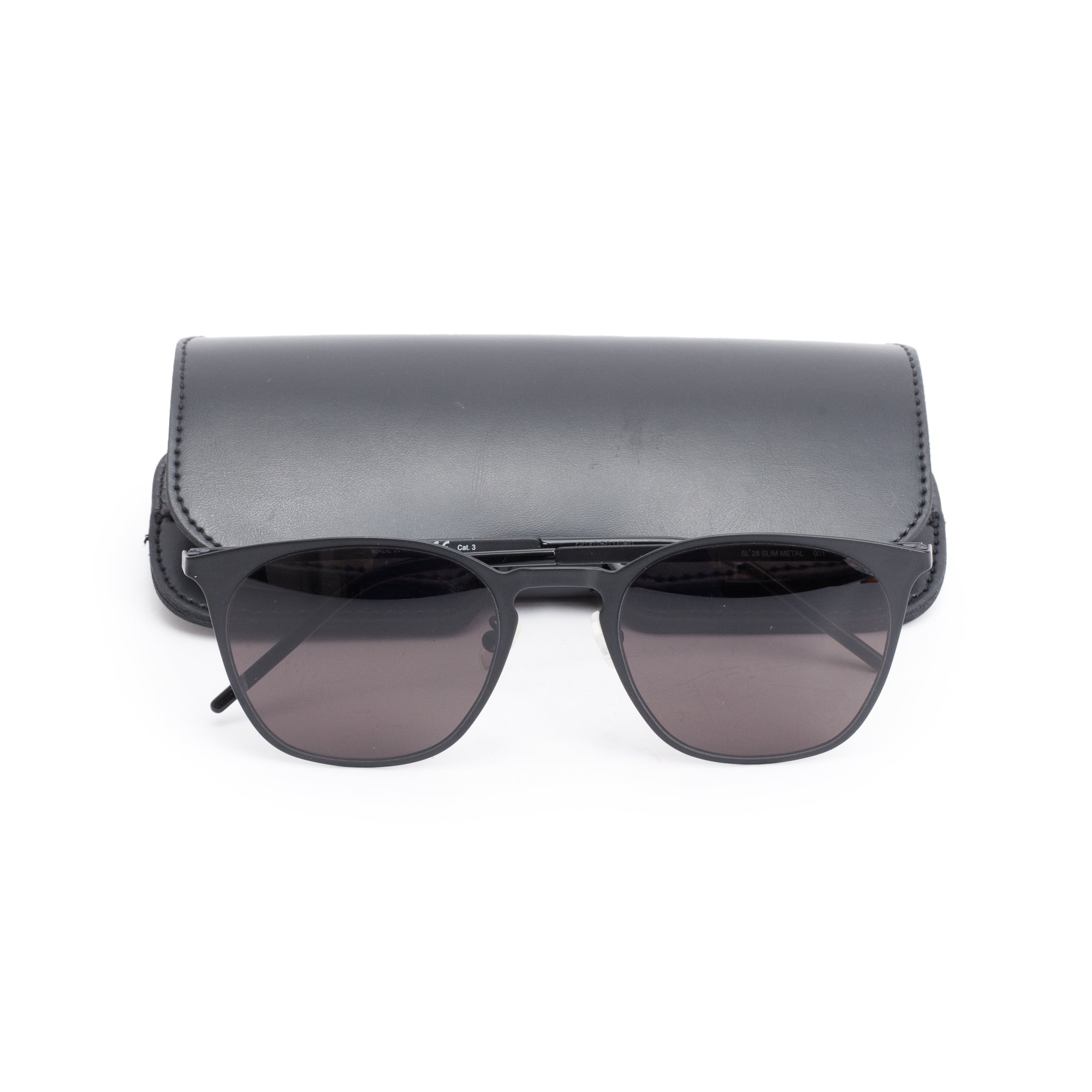 Saint Laurent Black Metal SL 28 Slim Metal Sunglasses w/ Leather Case