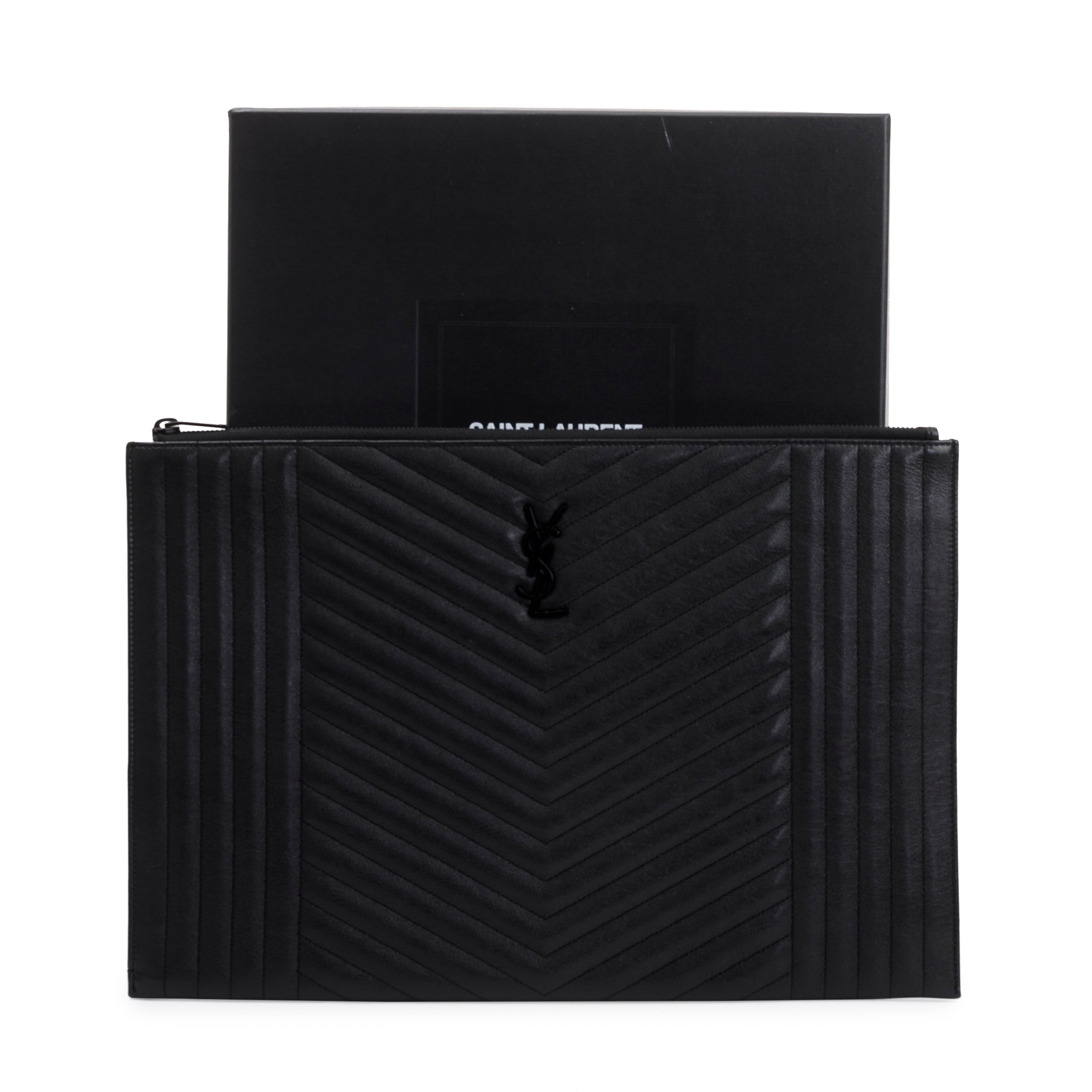 Saint Laurent Black Mixed Matelasse Classic Monogram Zipped Document Holder w/ Box