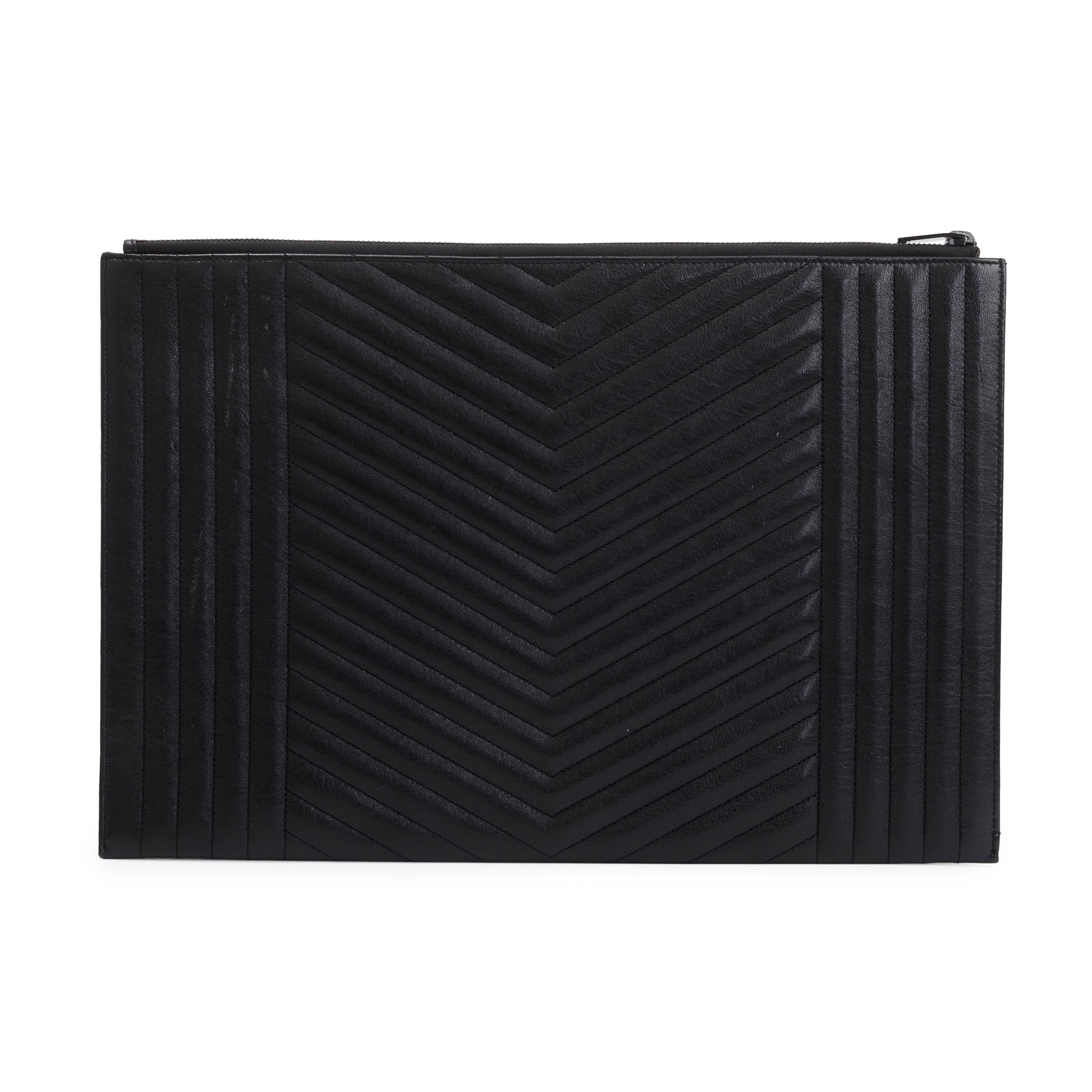 Saint Laurent Black Mixed Matelasse Classic Monogram Zipped Document Holder w/ Box