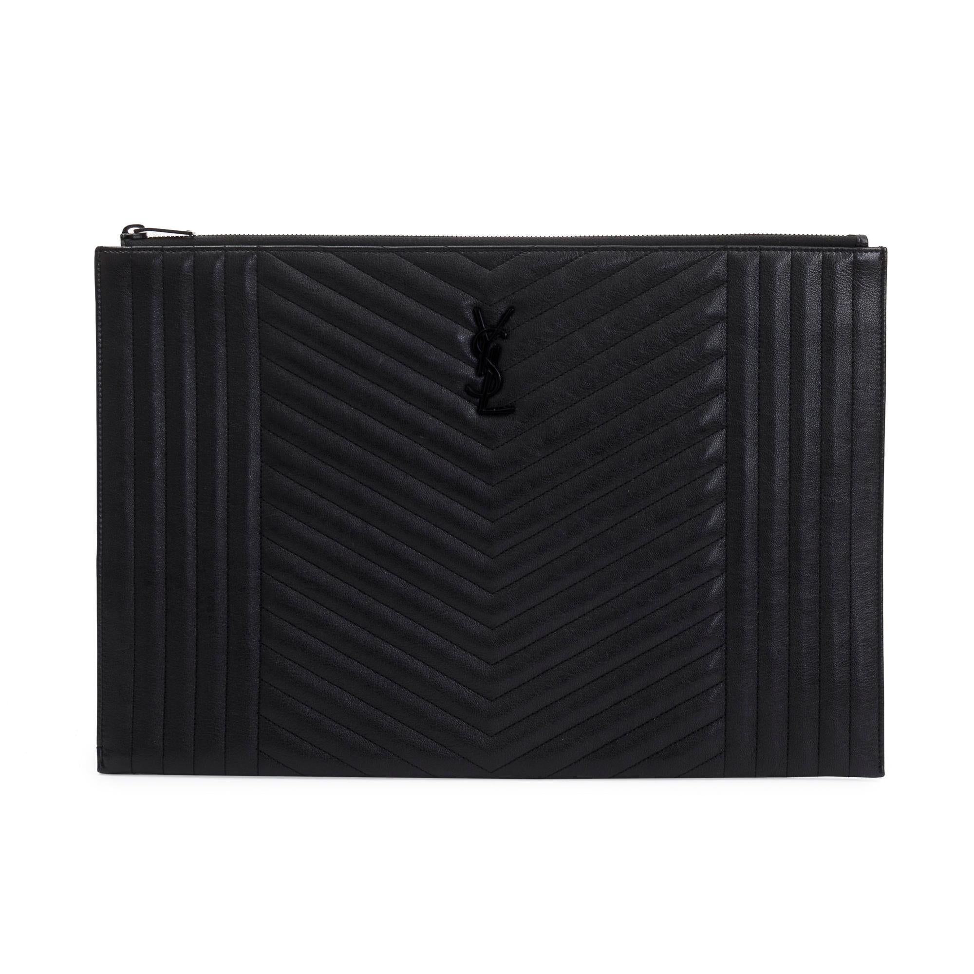 Saint Laurent Black Mixed Matelasse Classic Monogram Zipped Document Holder w/ Box