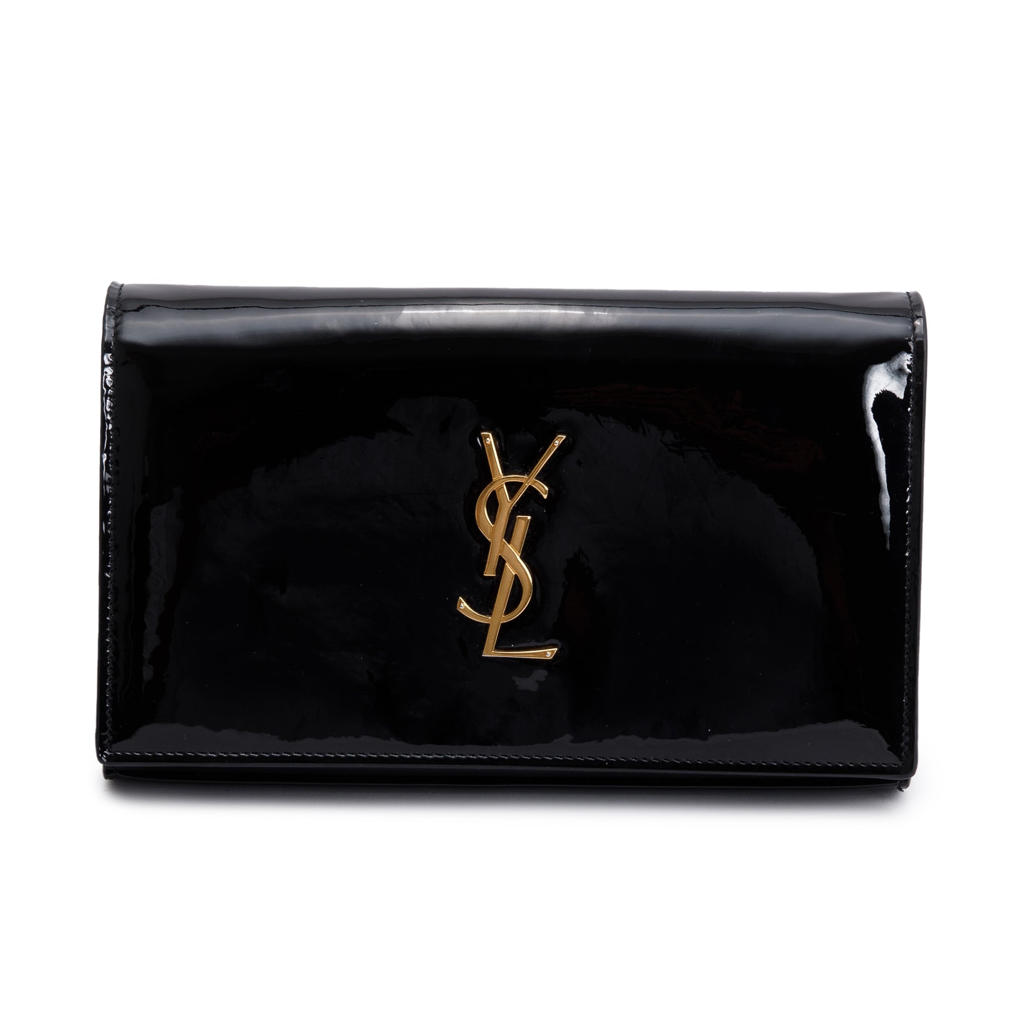 Saint Laurent Black Patent Leather Cassandre Wallet on Chain