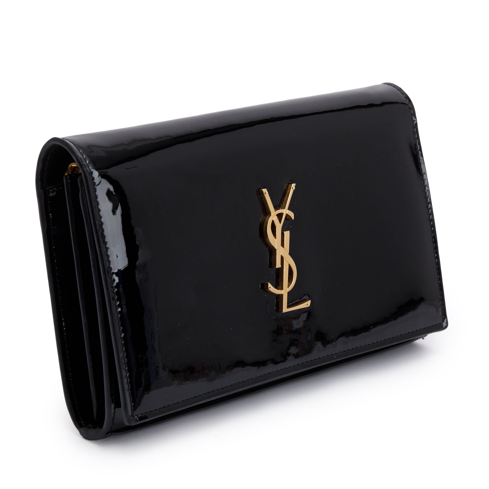 Saint Laurent Black Patent Leather Cassandre Wallet on Chain