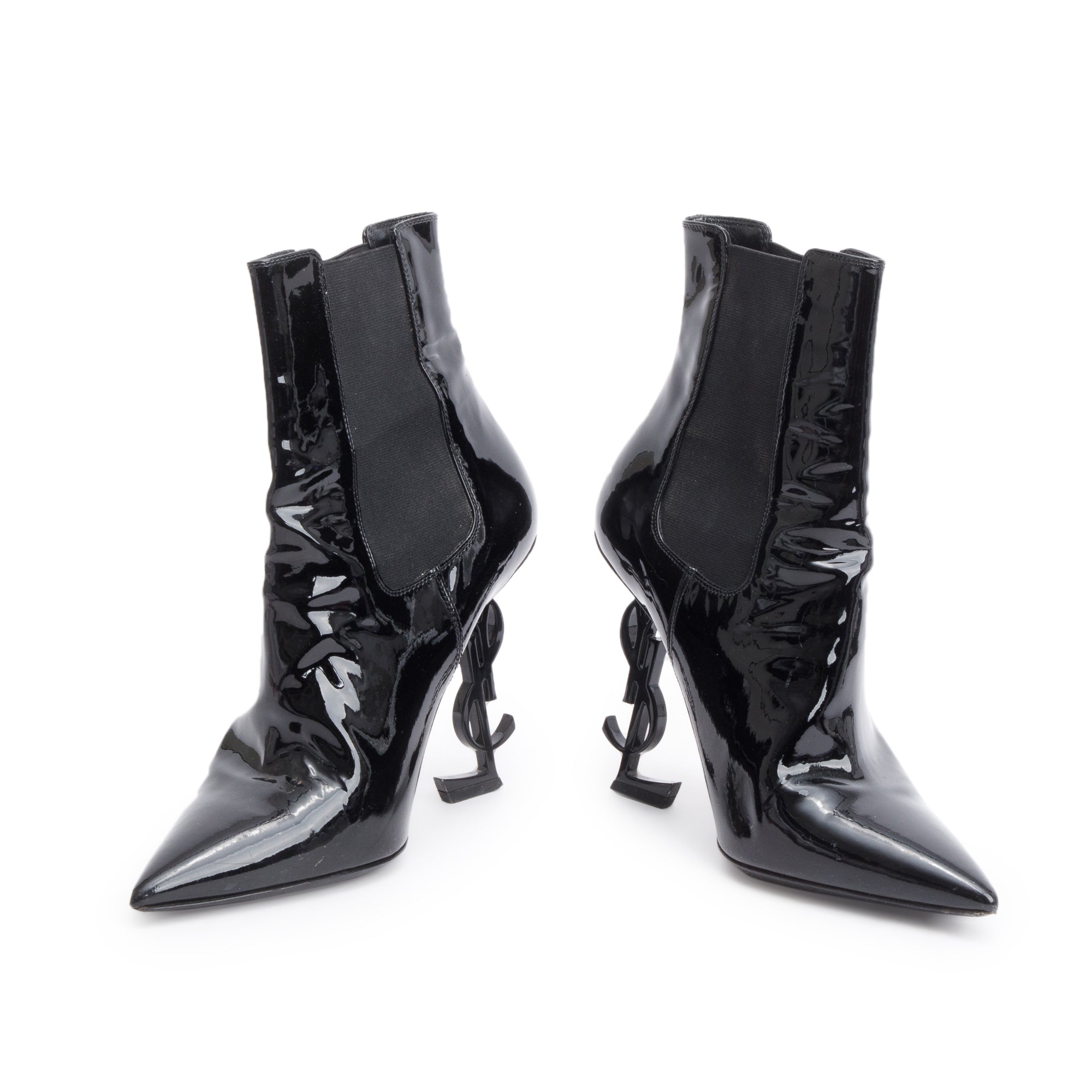 Saint Laurent Black Patent Leather Opyum Booties, Size 37.5