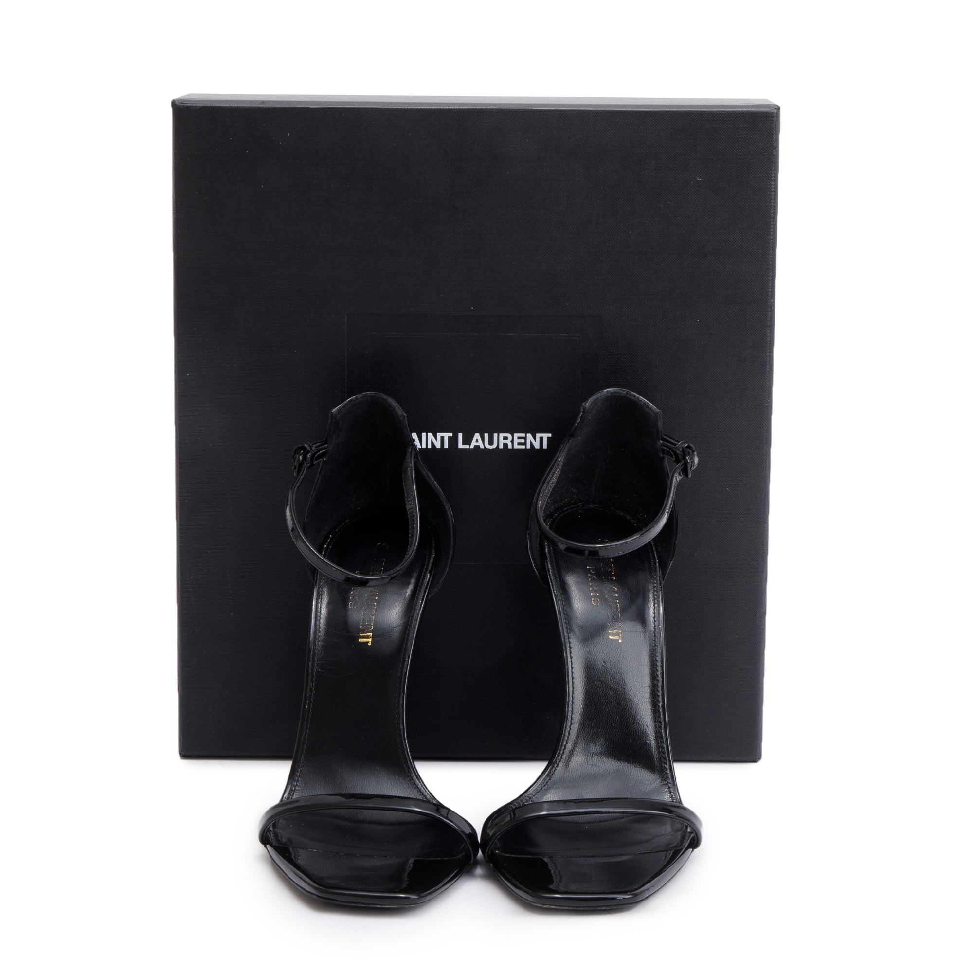 Saint Laurent Black Patent Leather Opyum Sandals, Size 38 w/ Box