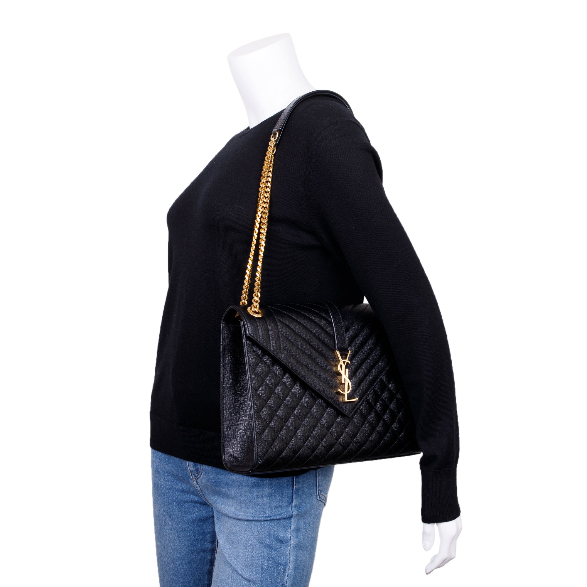 Saint Laurent Black Quilted Grain De Poudre Leather Large Envelope Chain Bag