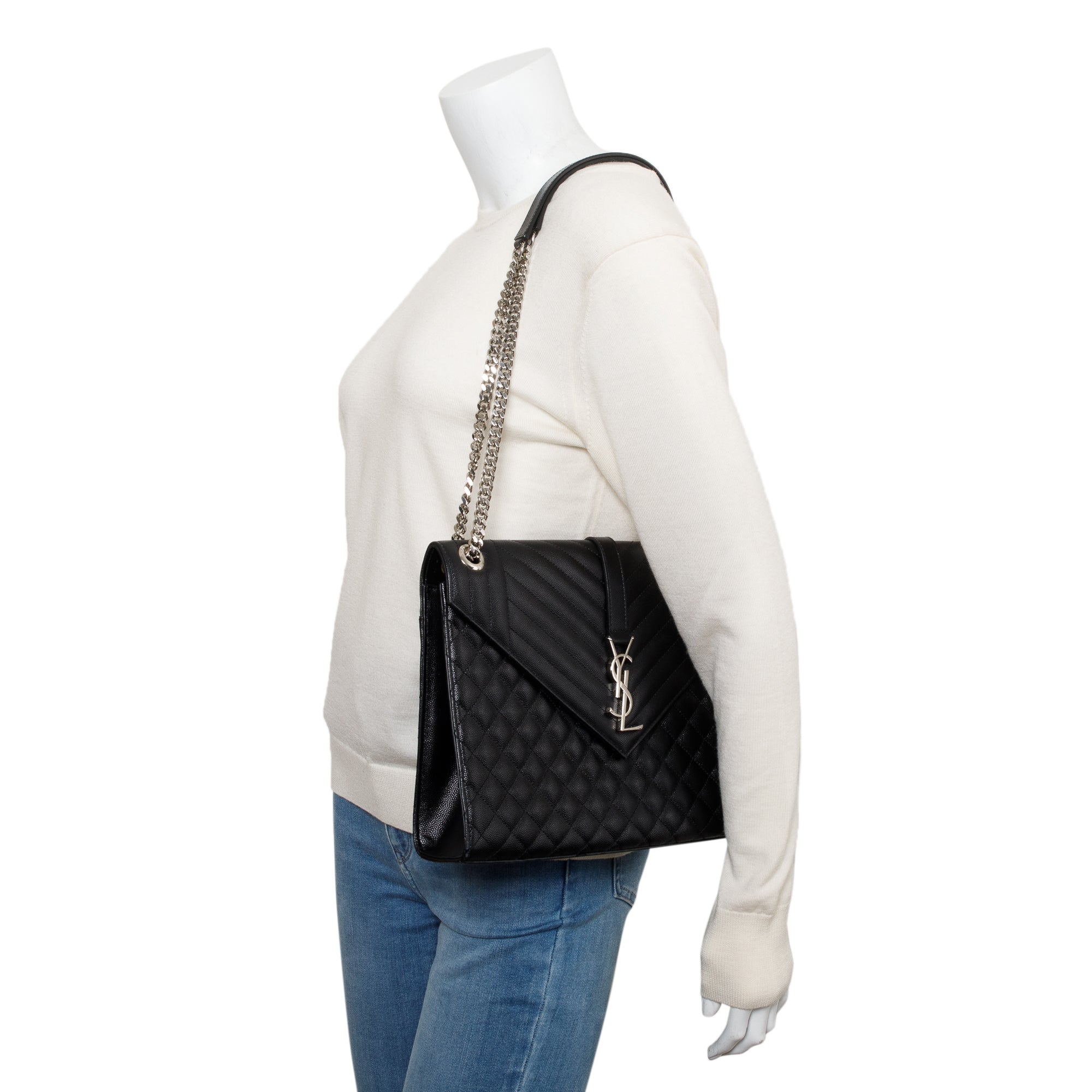 Saint Laurent Black Quilted Grain De Poudre Leather Large Envelope Chain Bag