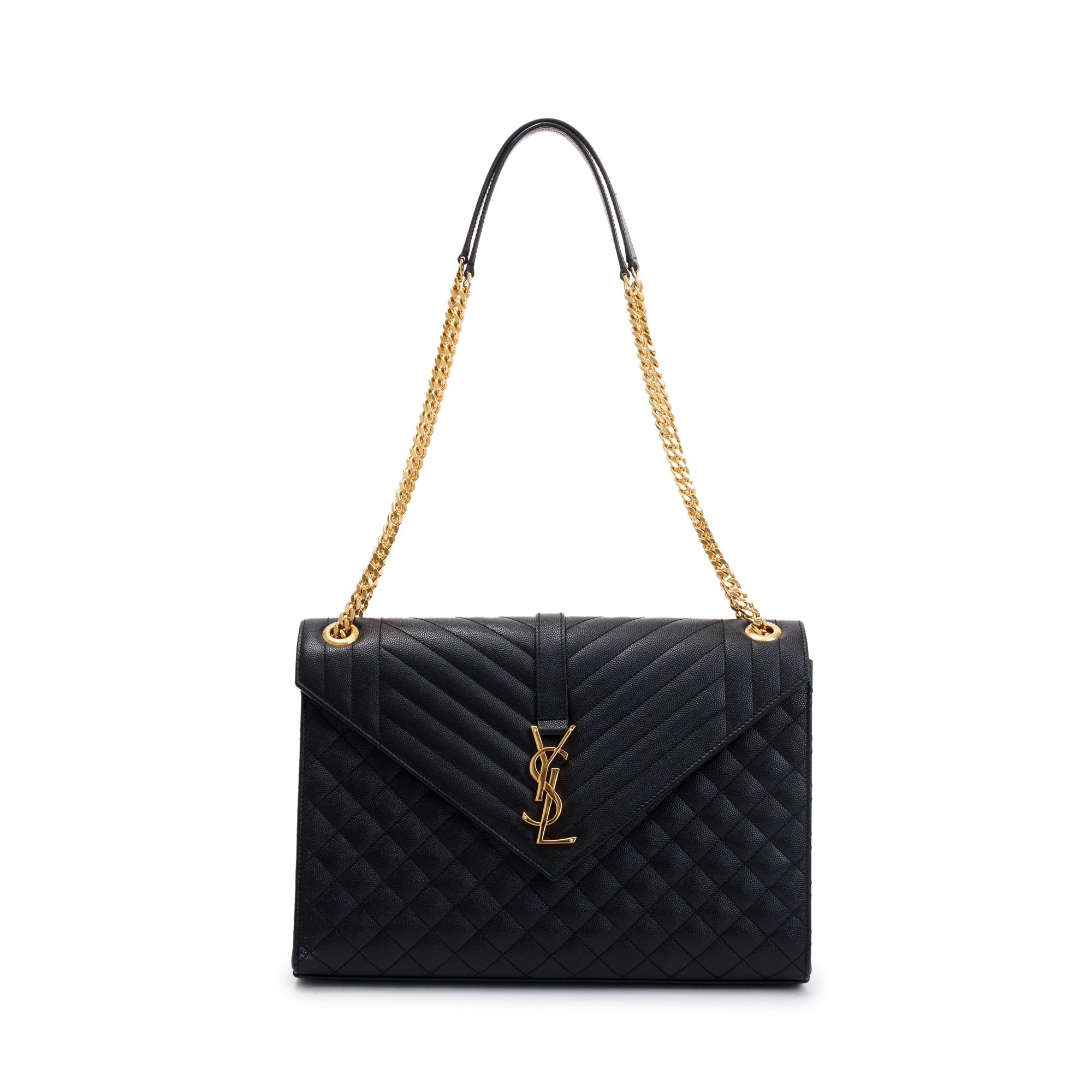 Saint Laurent Black Quilted Grain De Poudre Leather Large Envelope Chain Bag