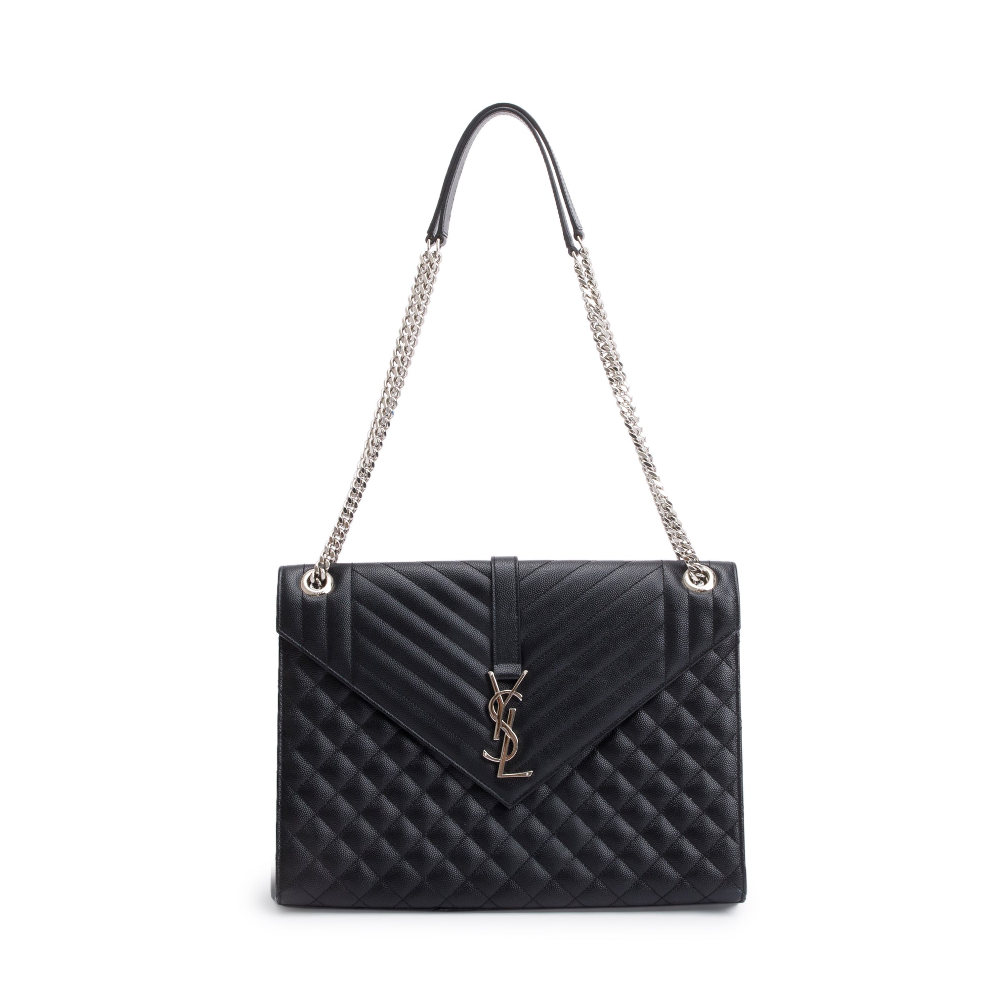 Saint Laurent Black Quilted Grain De Poudre Leather Large Envelope Chain Bag