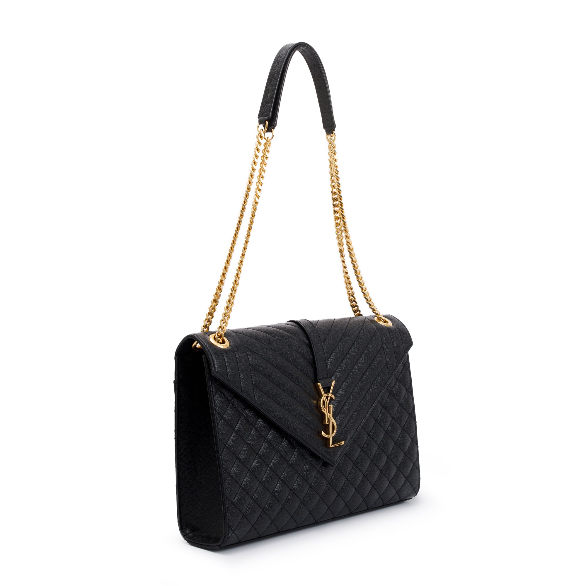 Saint Laurent Black Quilted Grain De Poudre Leather Large Envelope Chain Bag