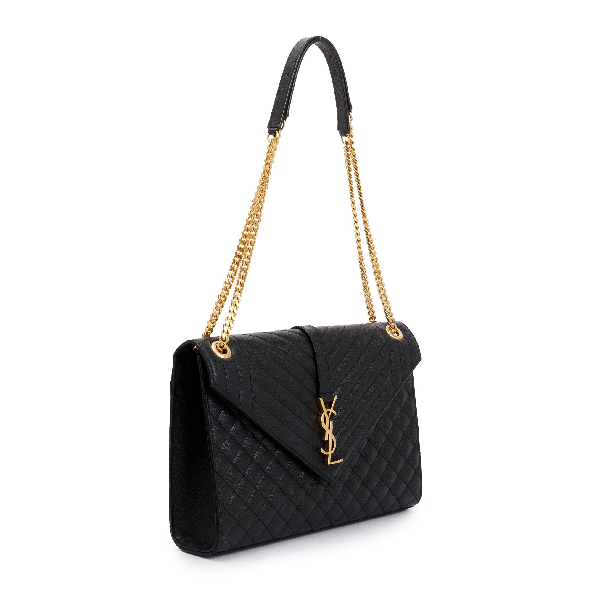 Saint Laurent Black Quilted Grain De Poudre Leather Large Envelope Chain Bag