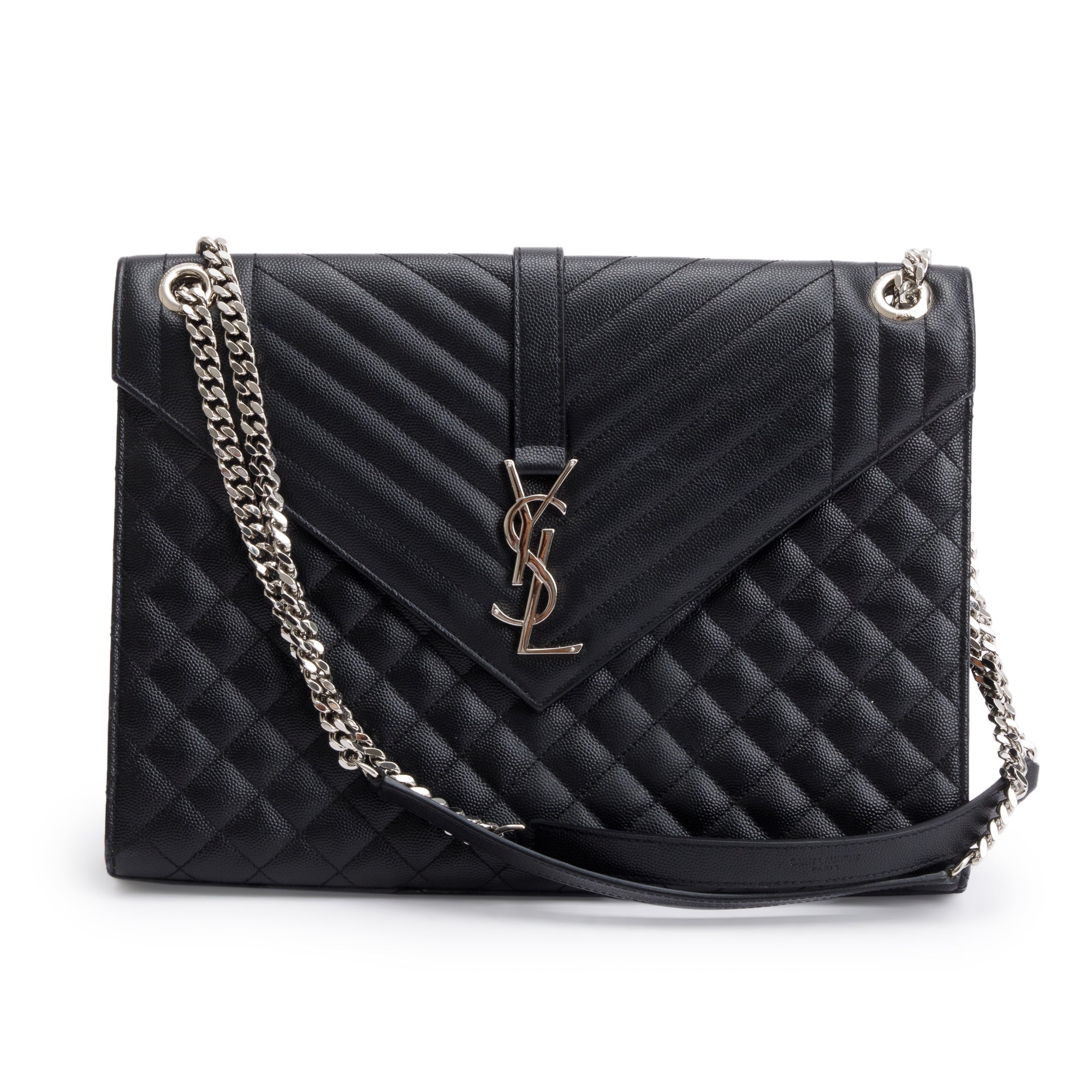 Saint Laurent Black Quilted Grain De Poudre Leather Large Envelope Chain Bag
