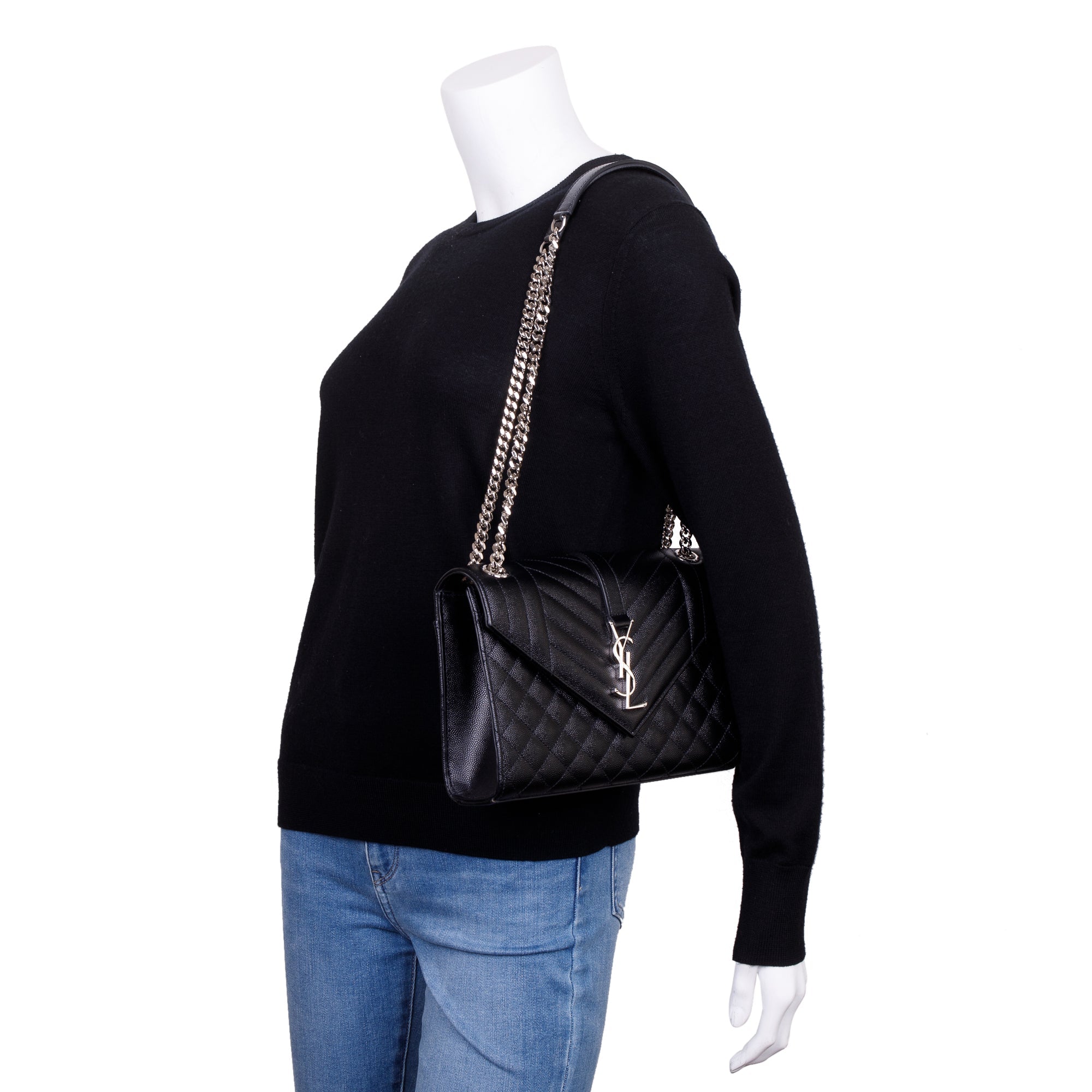 Saint Laurent Black Quilted Grain De Poudre Leather Medium Envelope Chain Bag