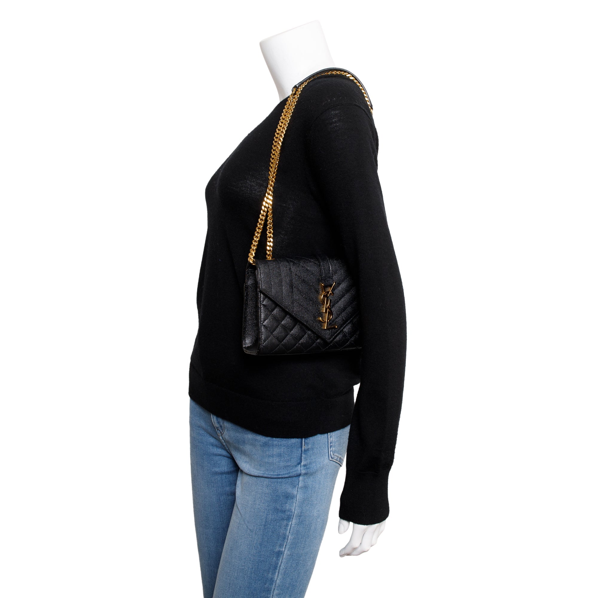 Saint Laurent Black Quilted Grain De Poudre Leather Small Envelope Chain Bag w/ Box