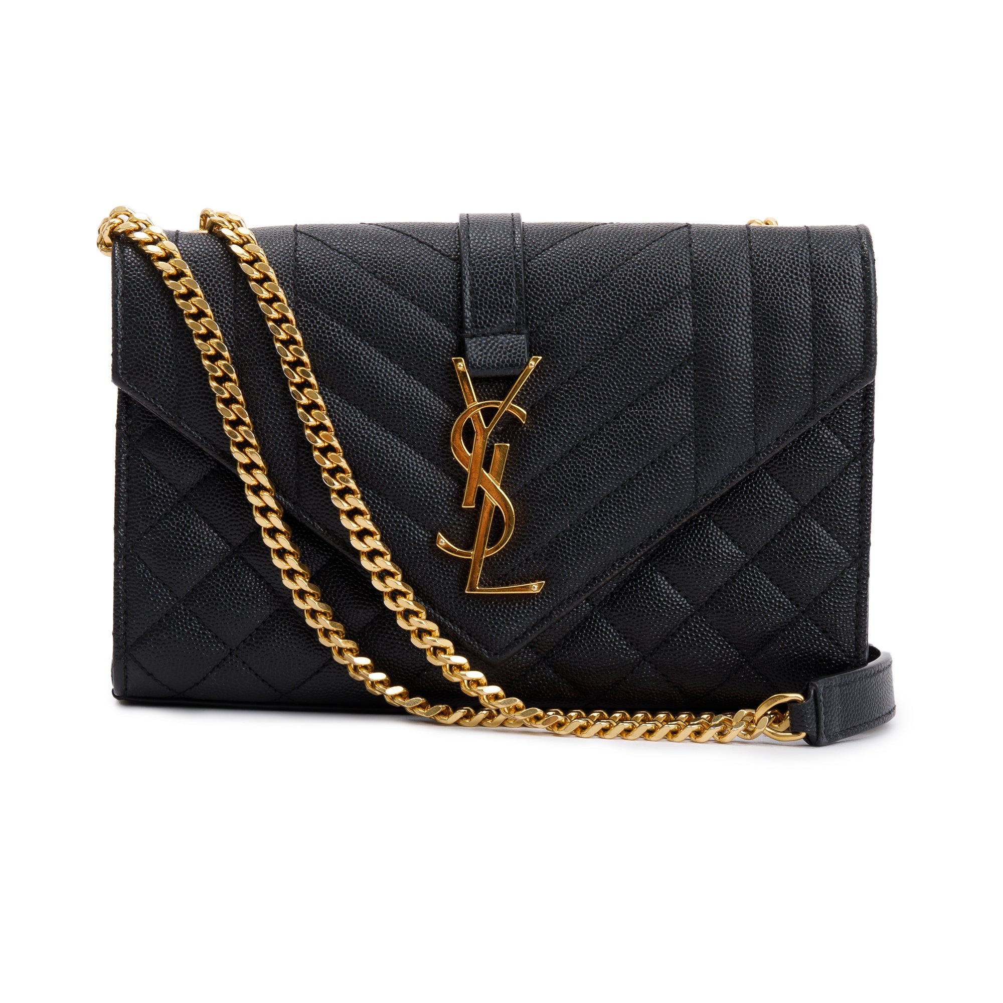 Saint Laurent Black Quilted Grain De Poudre Leather Small Envelope Chain Bag w/ Box