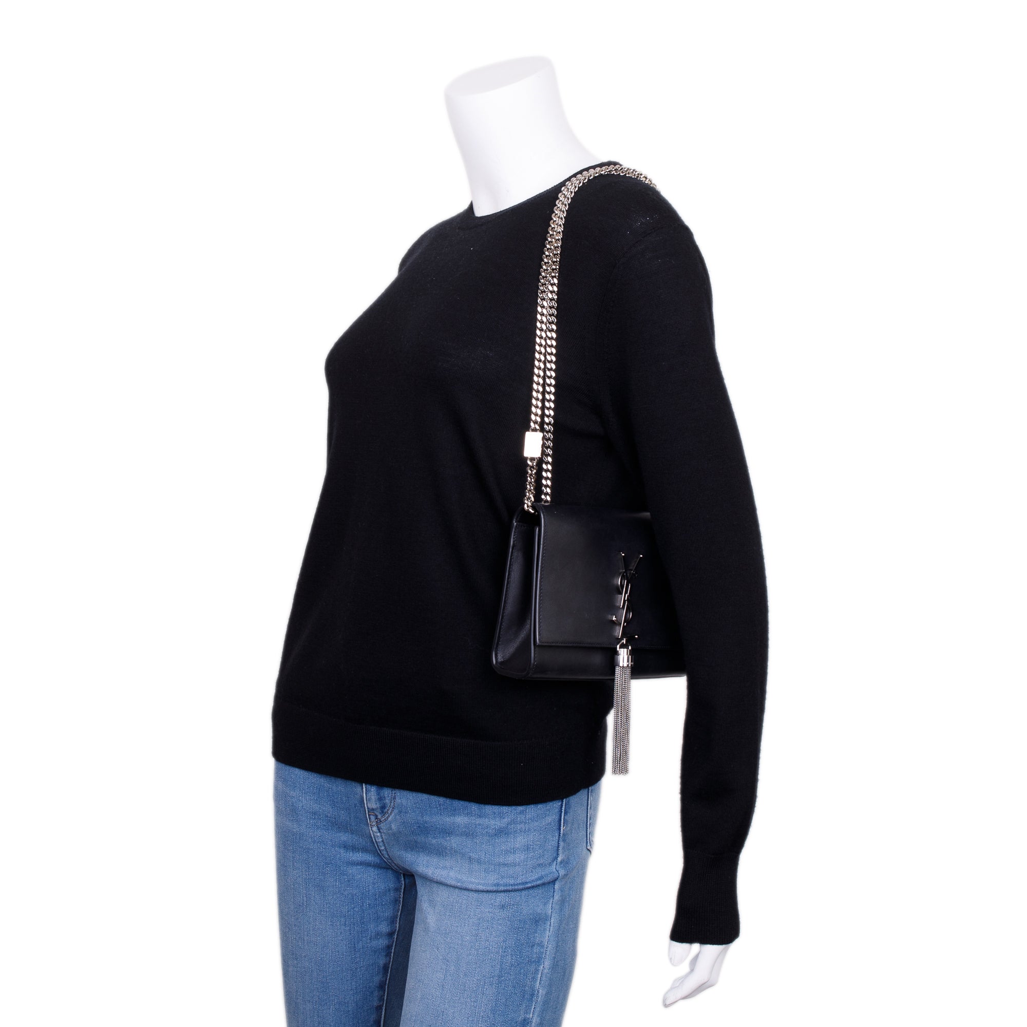 Saint Laurent Black Smooth Calfskin Leather Small Classic Monogram Kate Tassel Chain Bag