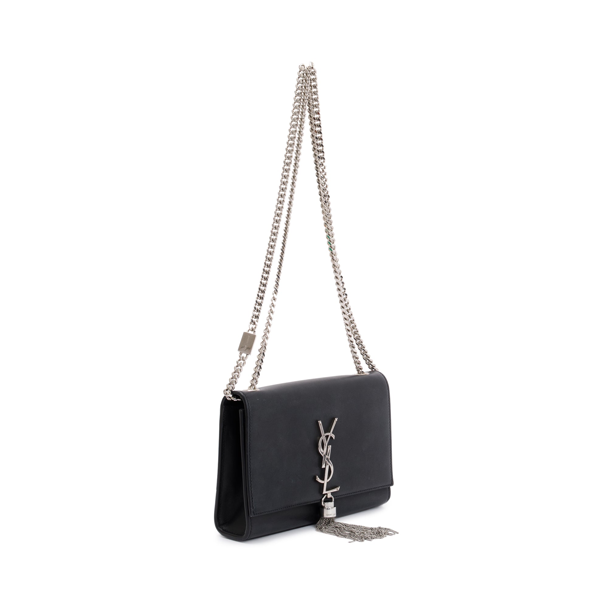 Saint Laurent Black Smooth Calfskin Leather Small Classic Monogram Kate Tassel Chain Bag