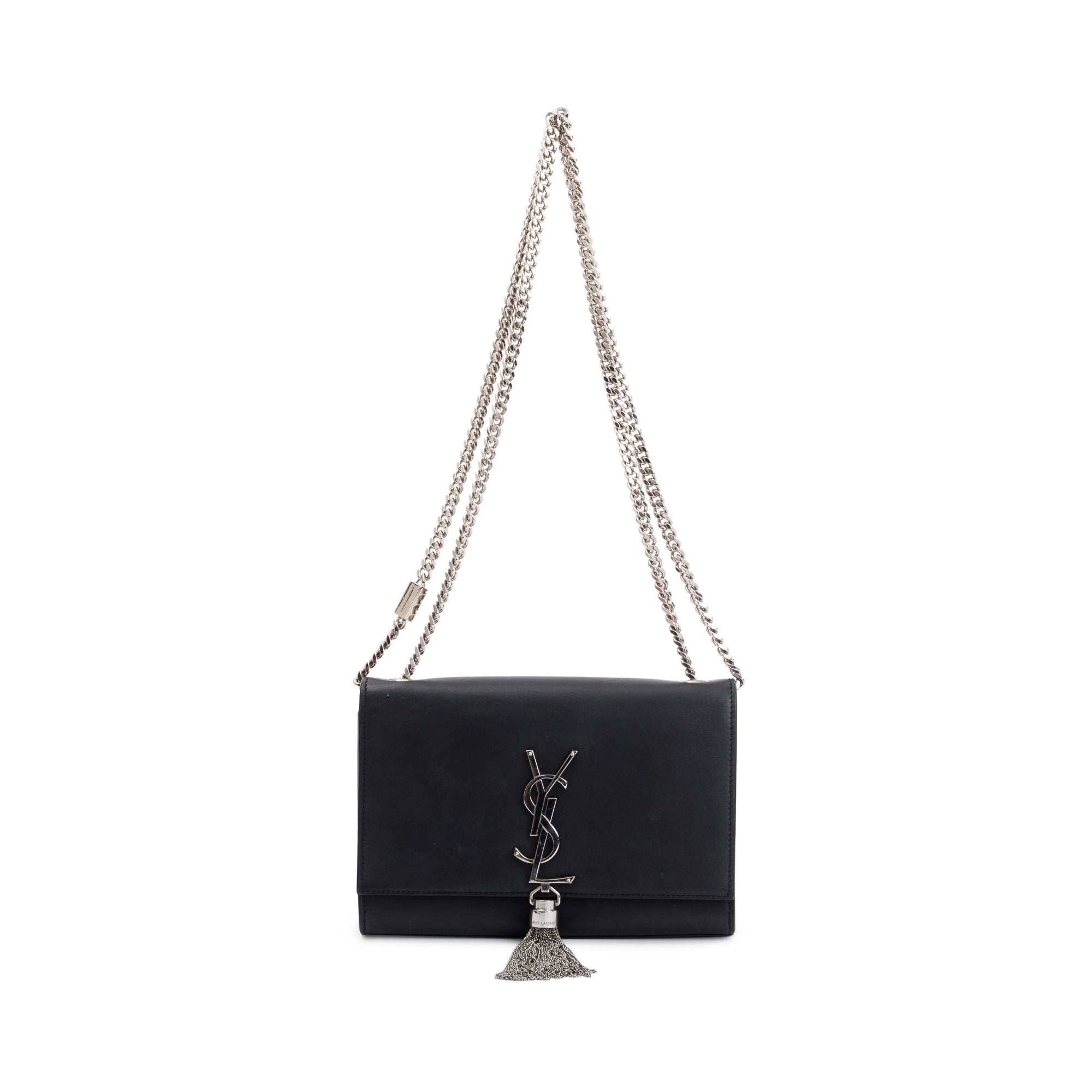 Saint Laurent Black Smooth Calfskin Leather Small Classic Monogram Kate Tassel Chain Bag