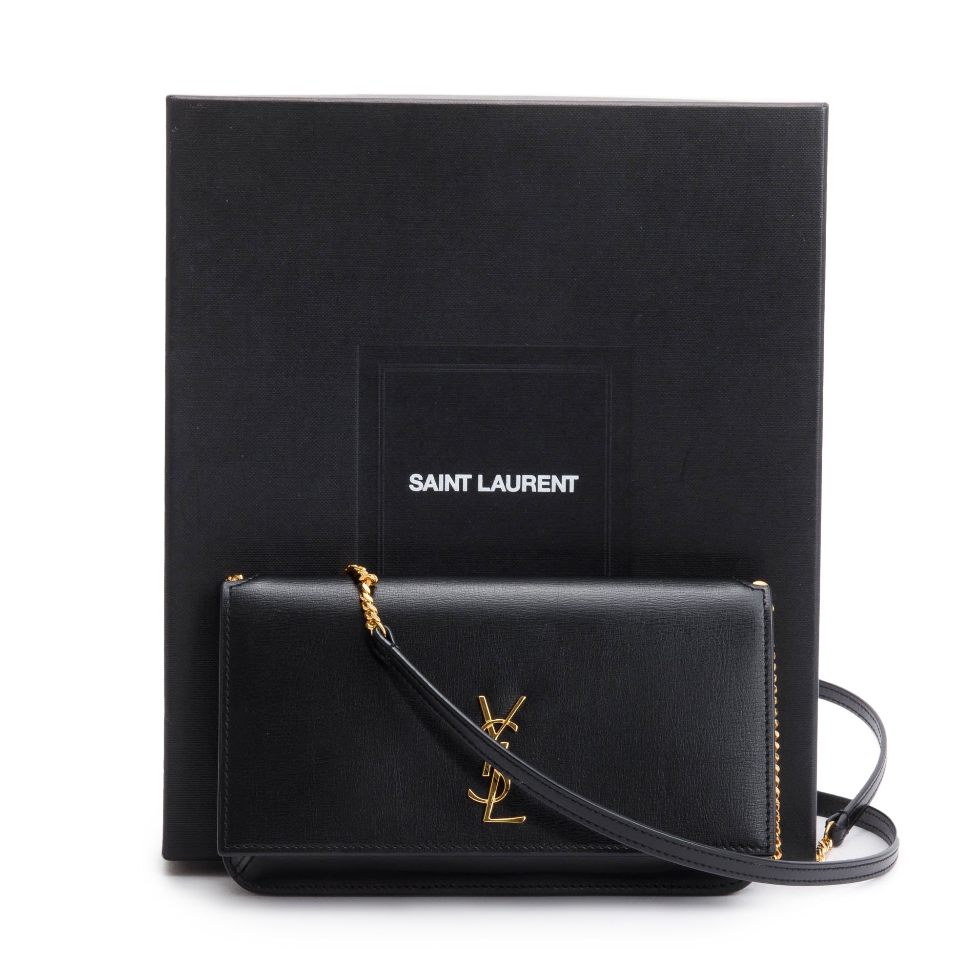 Saint Laurent Black Smooth Leather Cassandre Phone Holder Bag w/ Box