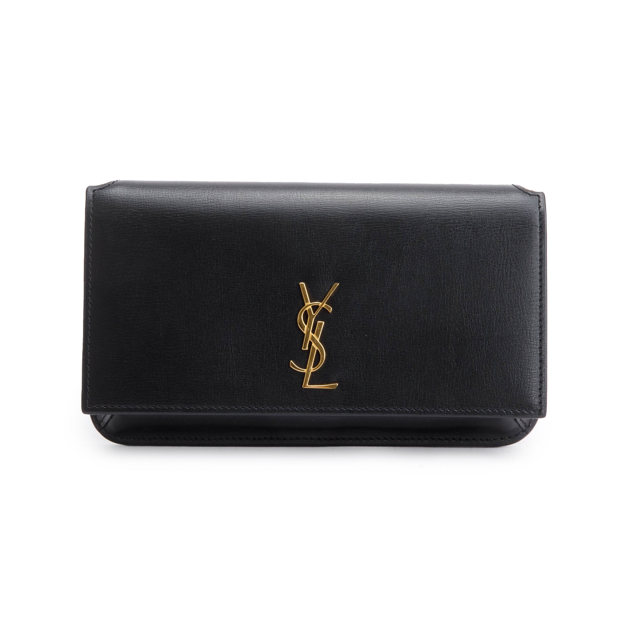Saint Laurent Black Smooth Leather Cassandre Phone Holder Bag w/ Box