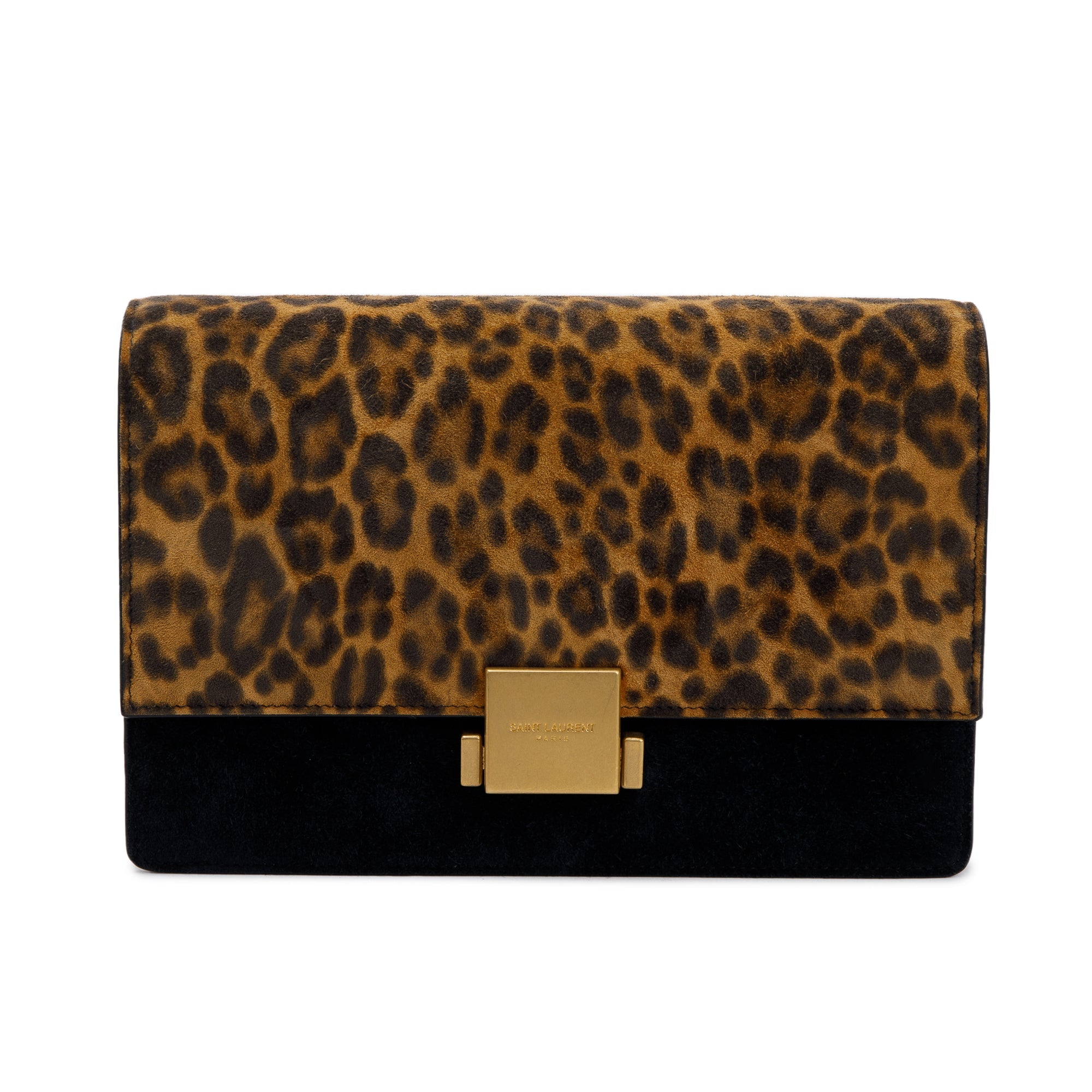 Saint Laurent Black Smooth Leather Leopard Print Suede Medium Bellechase Bag