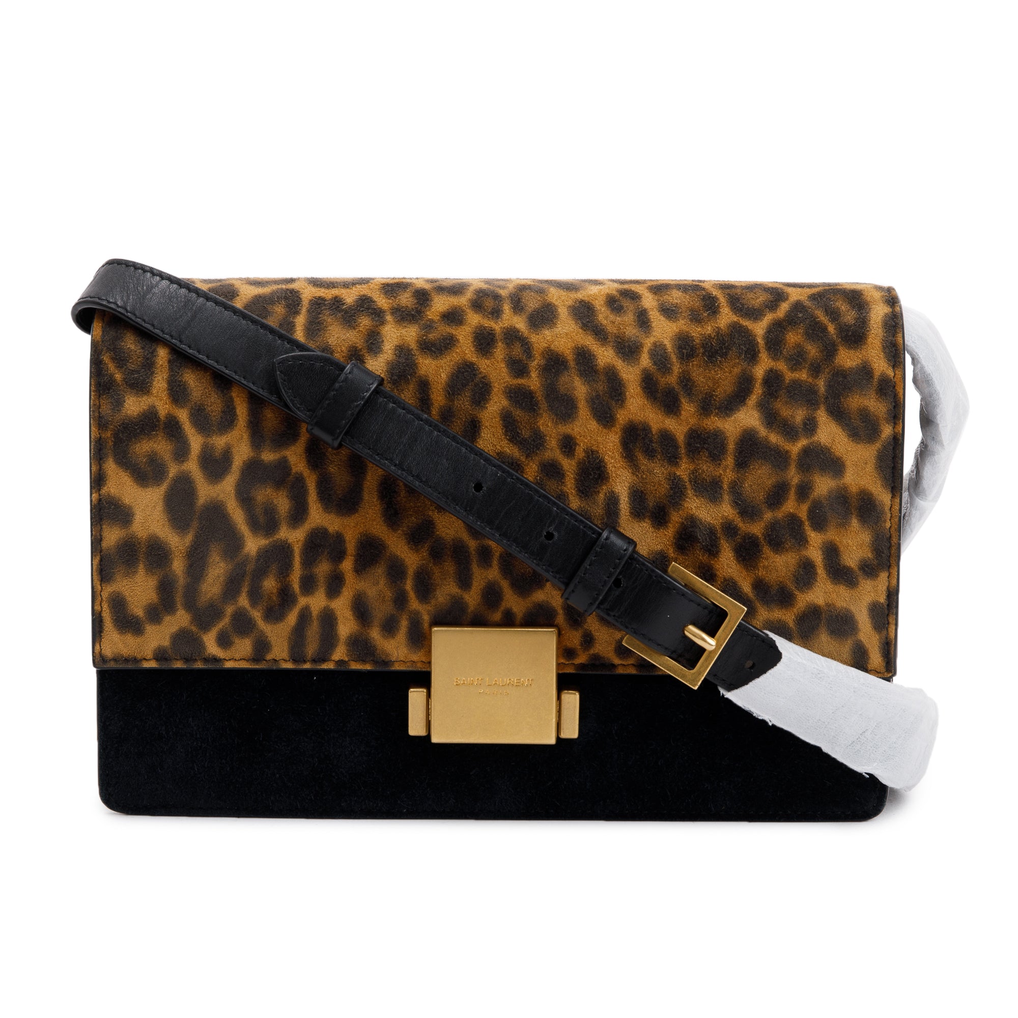 Saint Laurent Black Smooth Leather Leopard Print Suede Medium Bellechase Bag