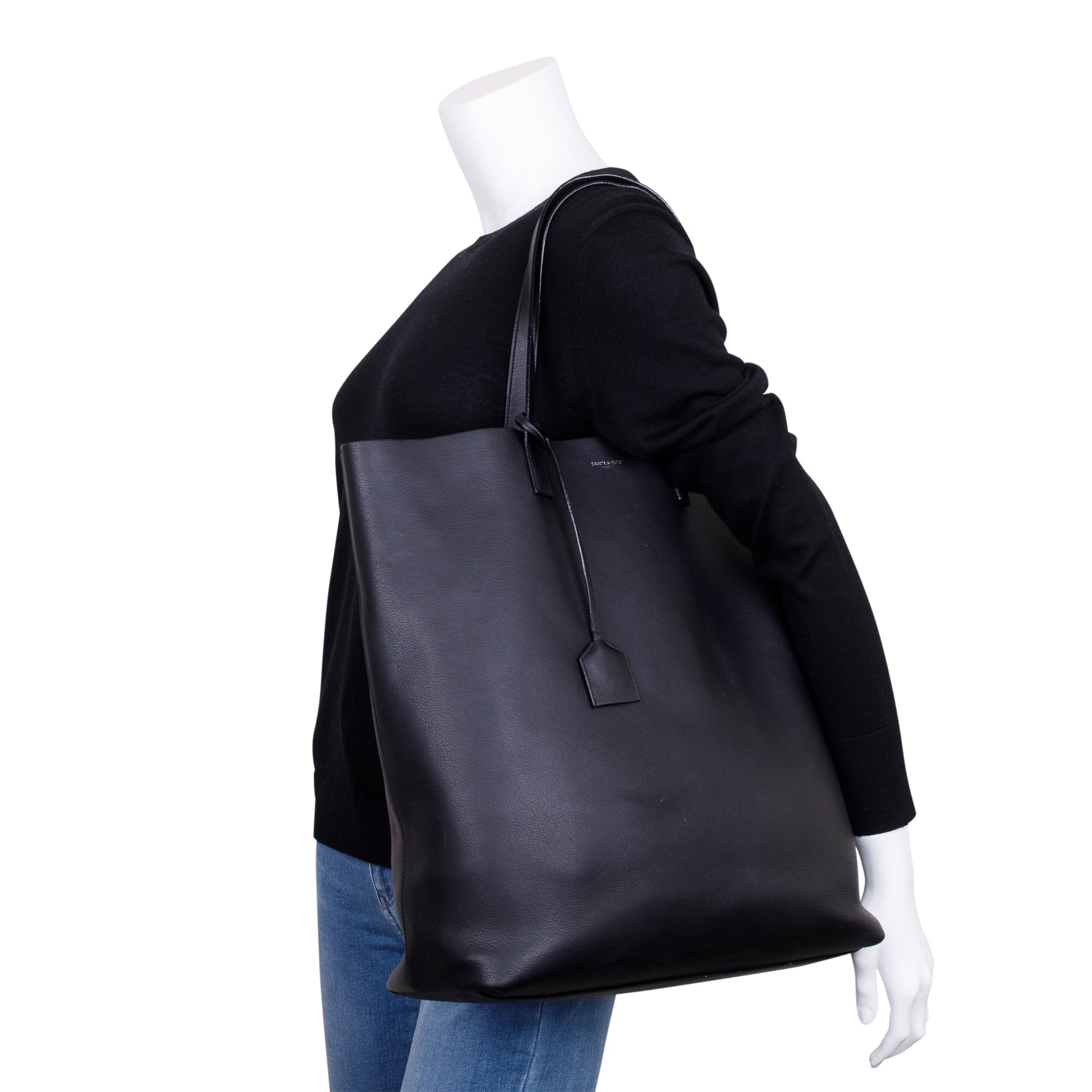 Saint Laurent Black Soft Calfskin Leather N/S Shopping Tote w/ Pouch