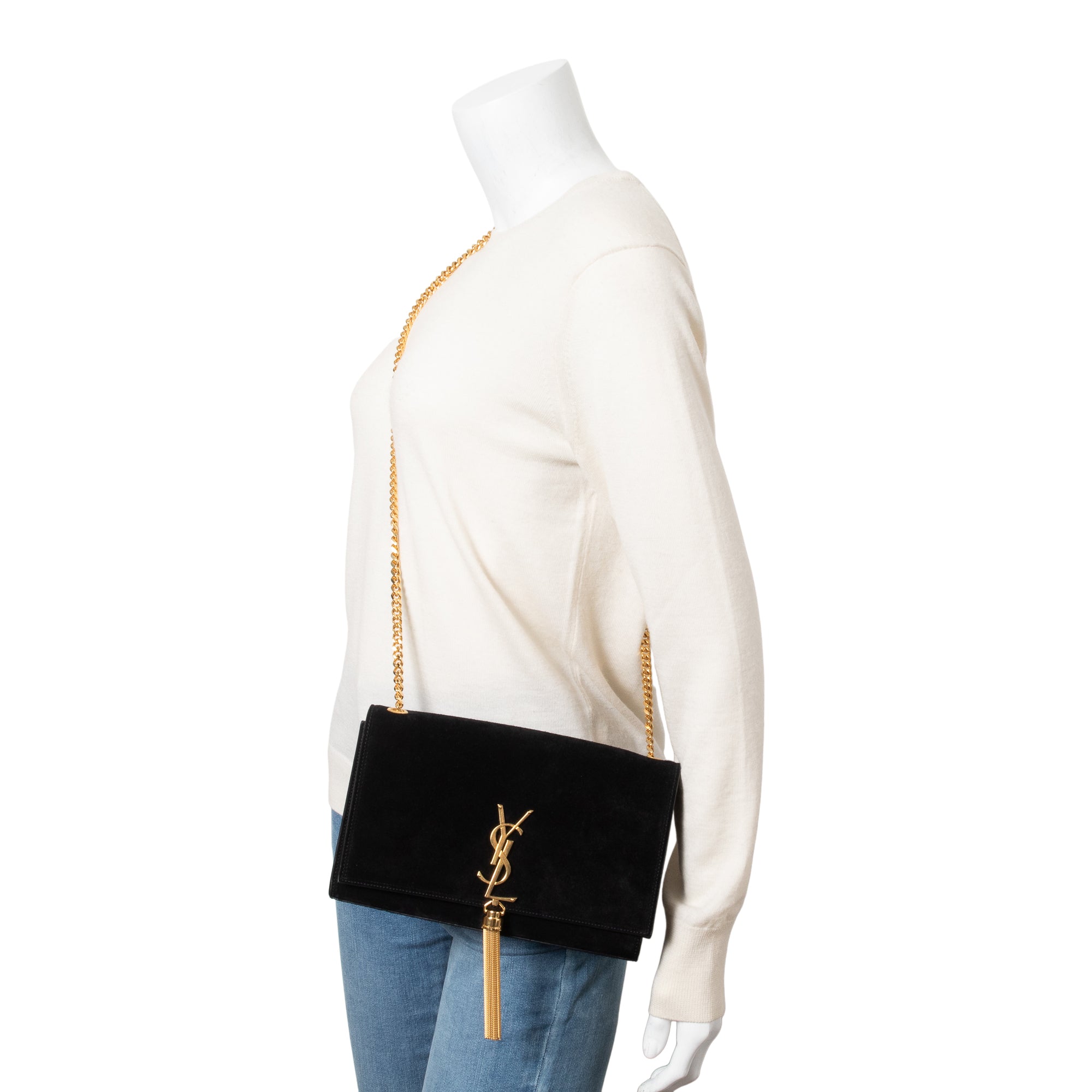 Saint Laurent Black Suede Medium Classic Monogram Kate Tassel Chain Bag