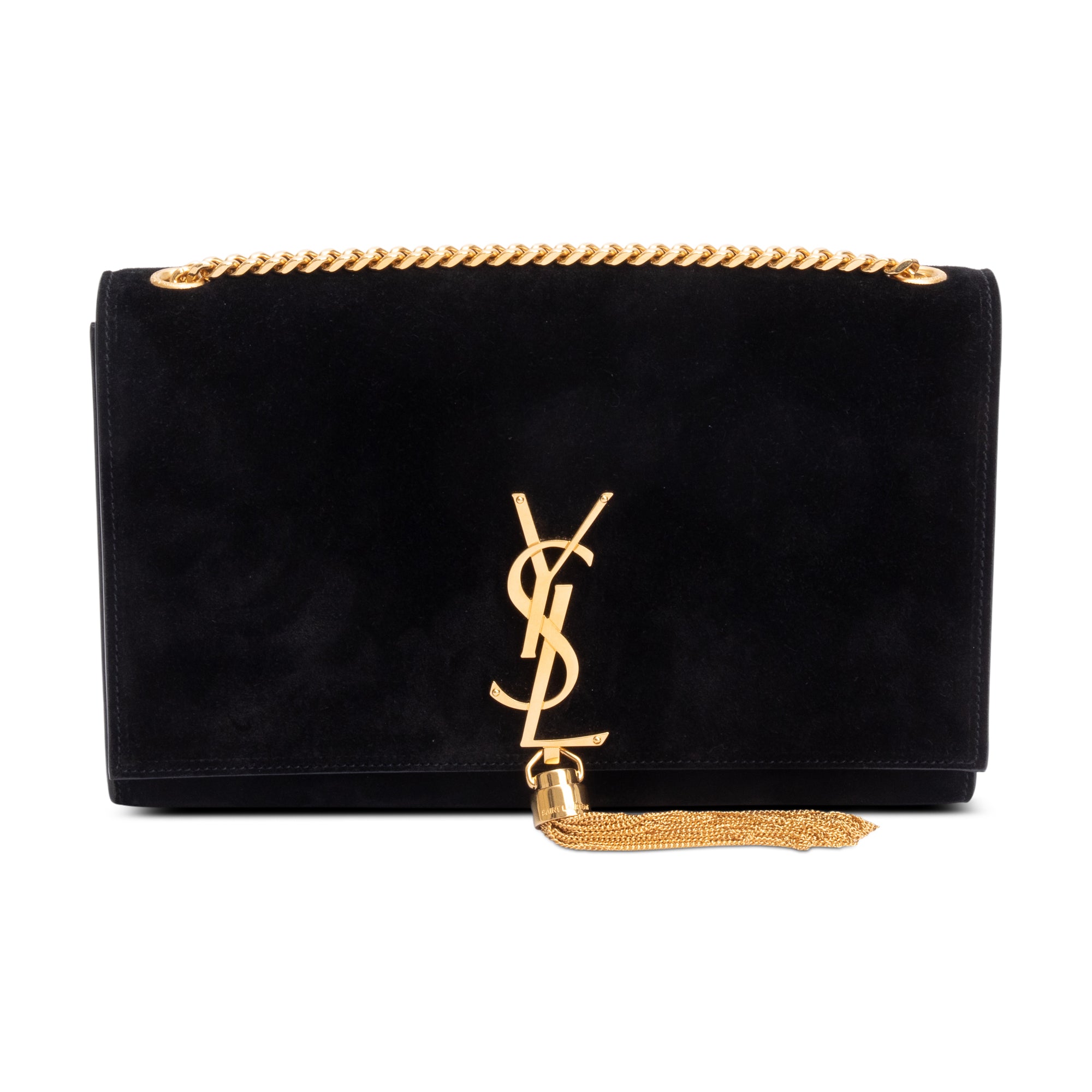 Saint Laurent Black Suede Medium Classic Monogram Kate Tassel Chain Bag