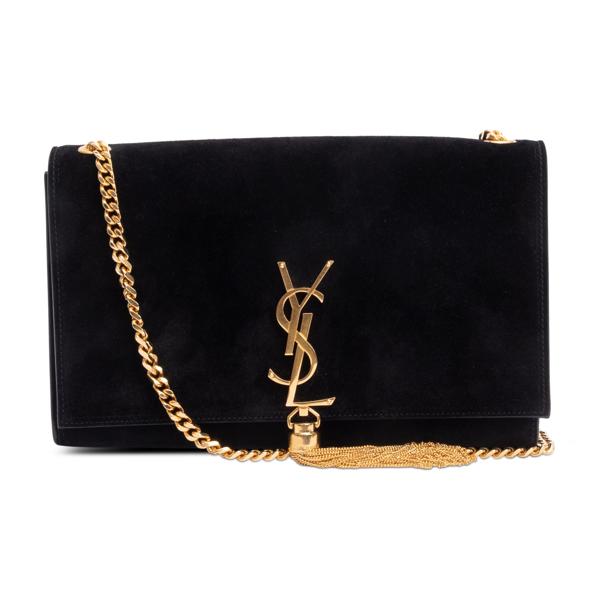 Saint Laurent Black Suede Medium Classic Monogram Kate Tassel Chain Bag