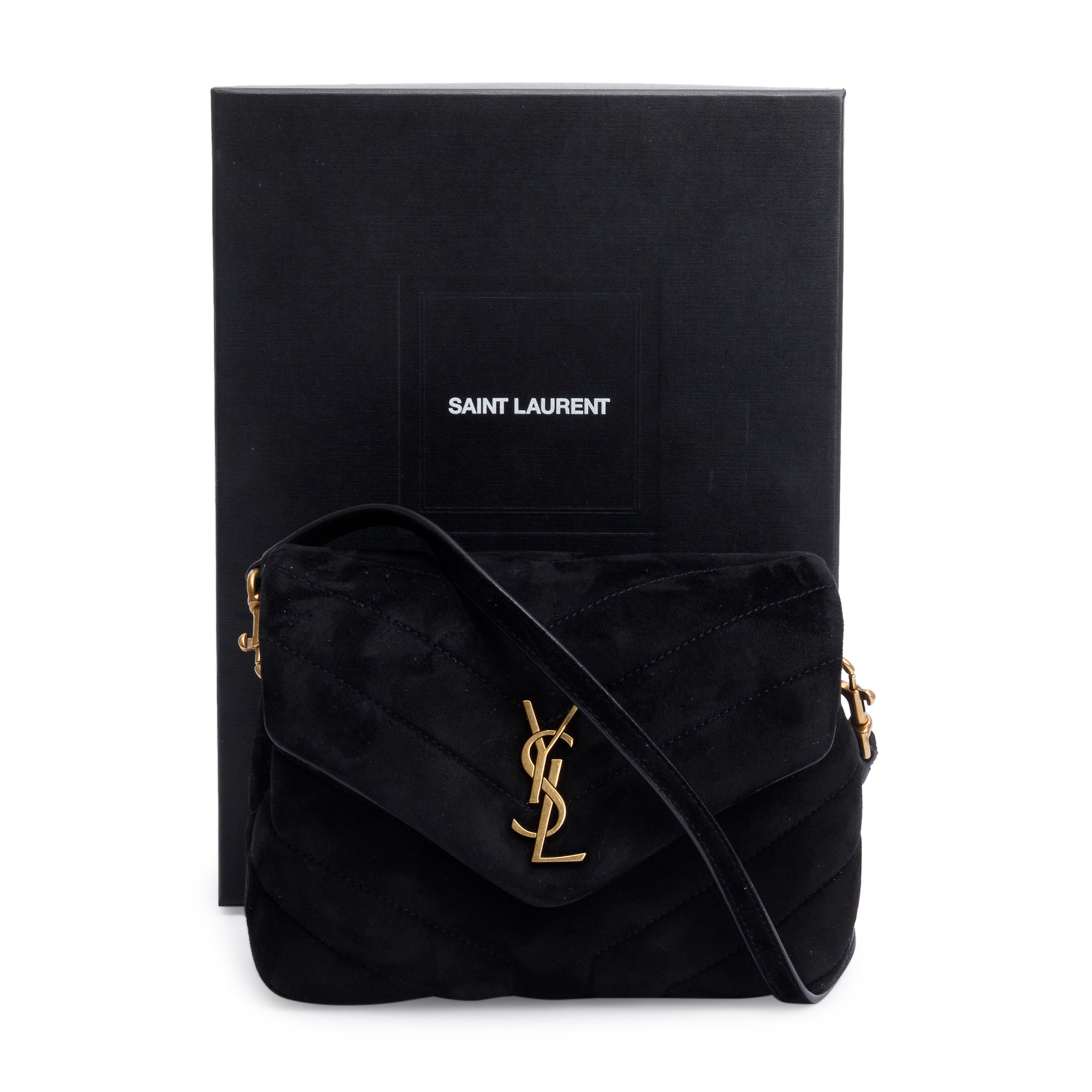 Saint Laurent Black Suede Monogram Matelasse Toy Loulou Crossbody Bag w/ Box