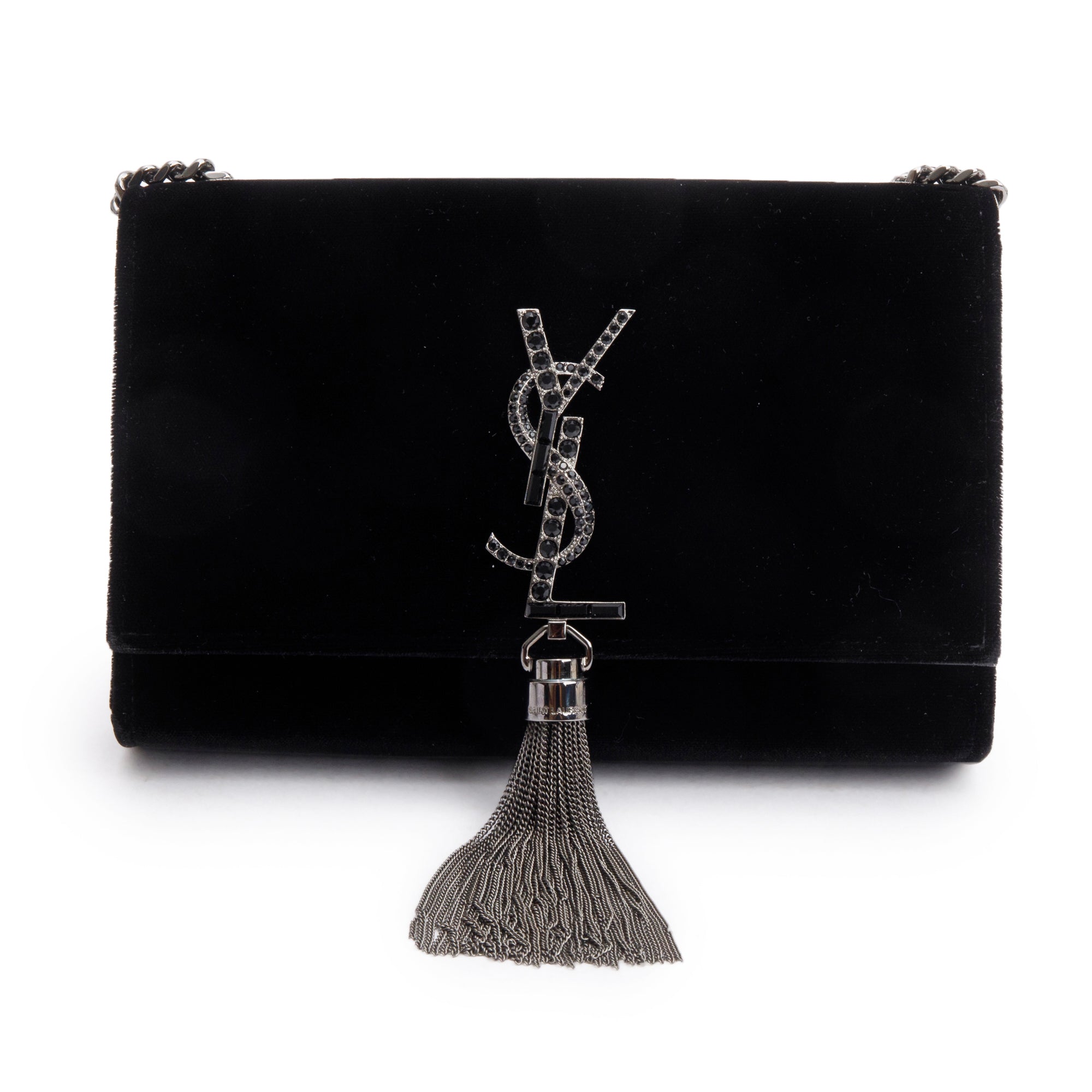 Saint Laurent Black Velvet Crystal Small Kate Tassel Bag w/ Box