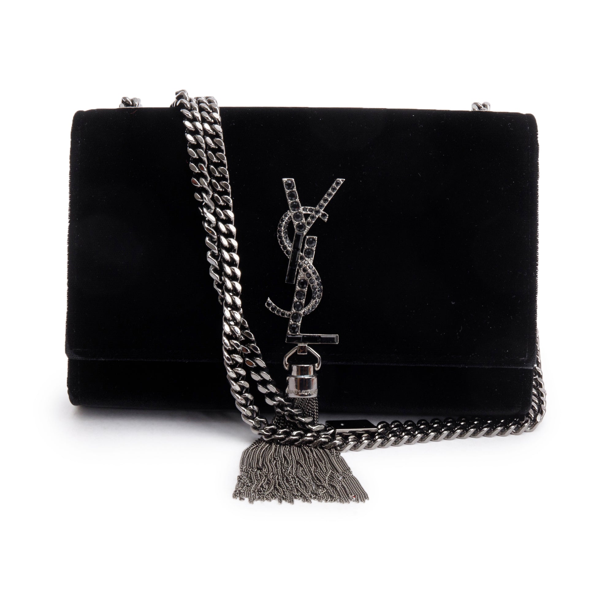Saint Laurent Black Velvet Crystal Small Kate Tassel Bag w/ Box