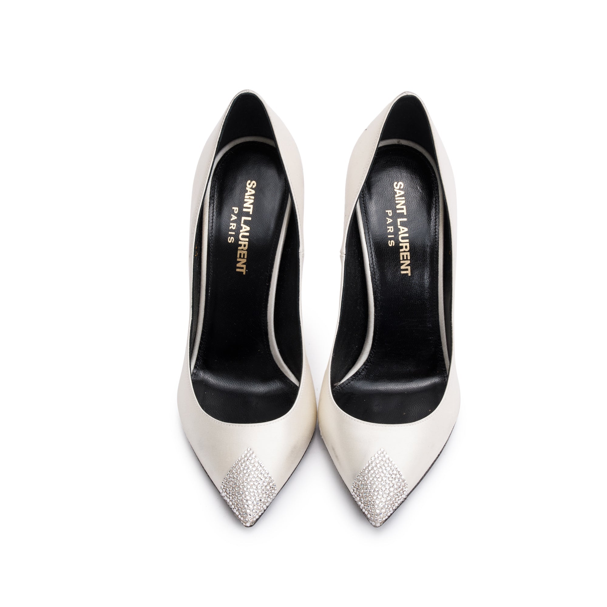 Saint Laurent Blanc Optic Satin Crystal Tower 110 Pumps, Size 36 w/ Box