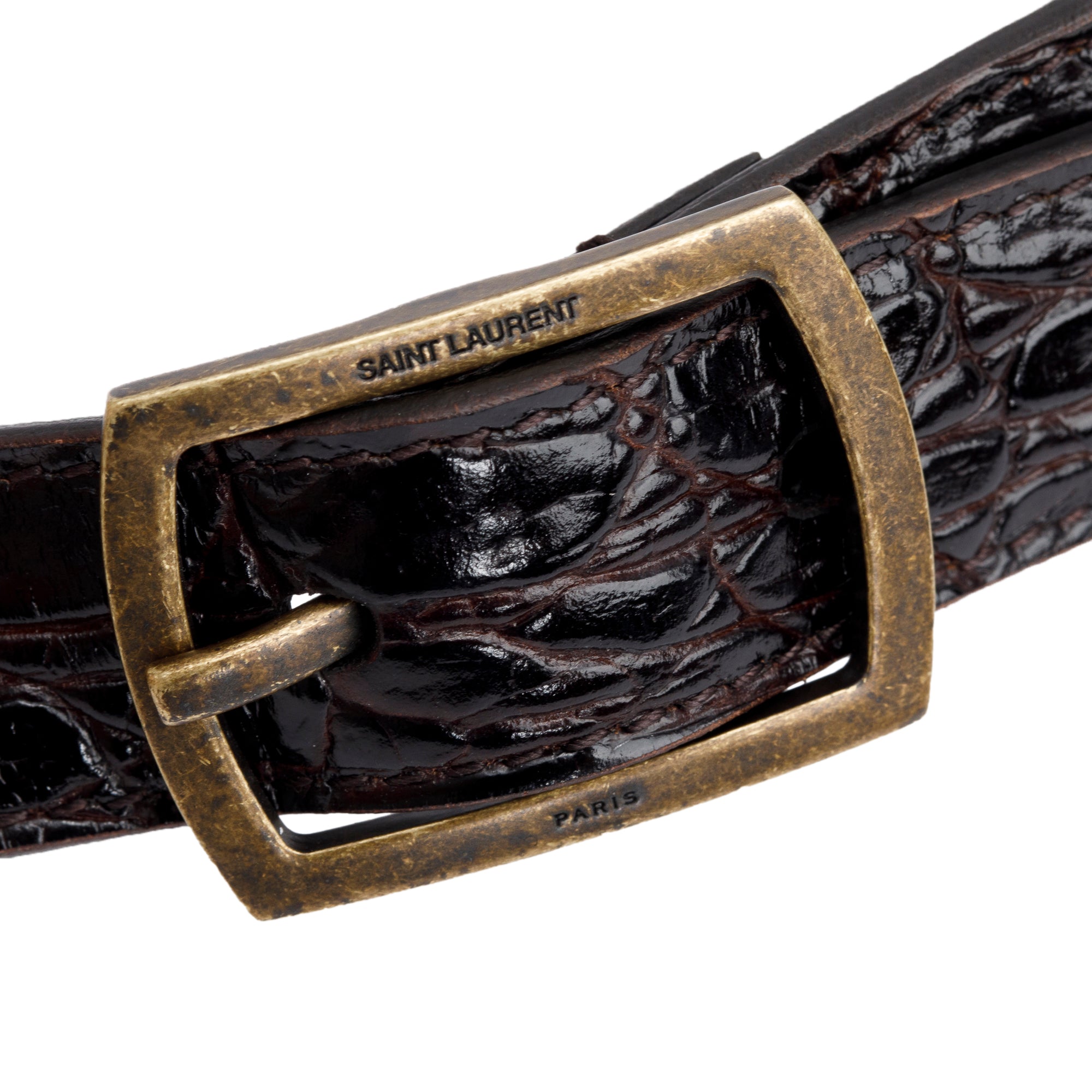 Saint Laurent Brown Croc-Embossed Leather Skinny Belt 85
