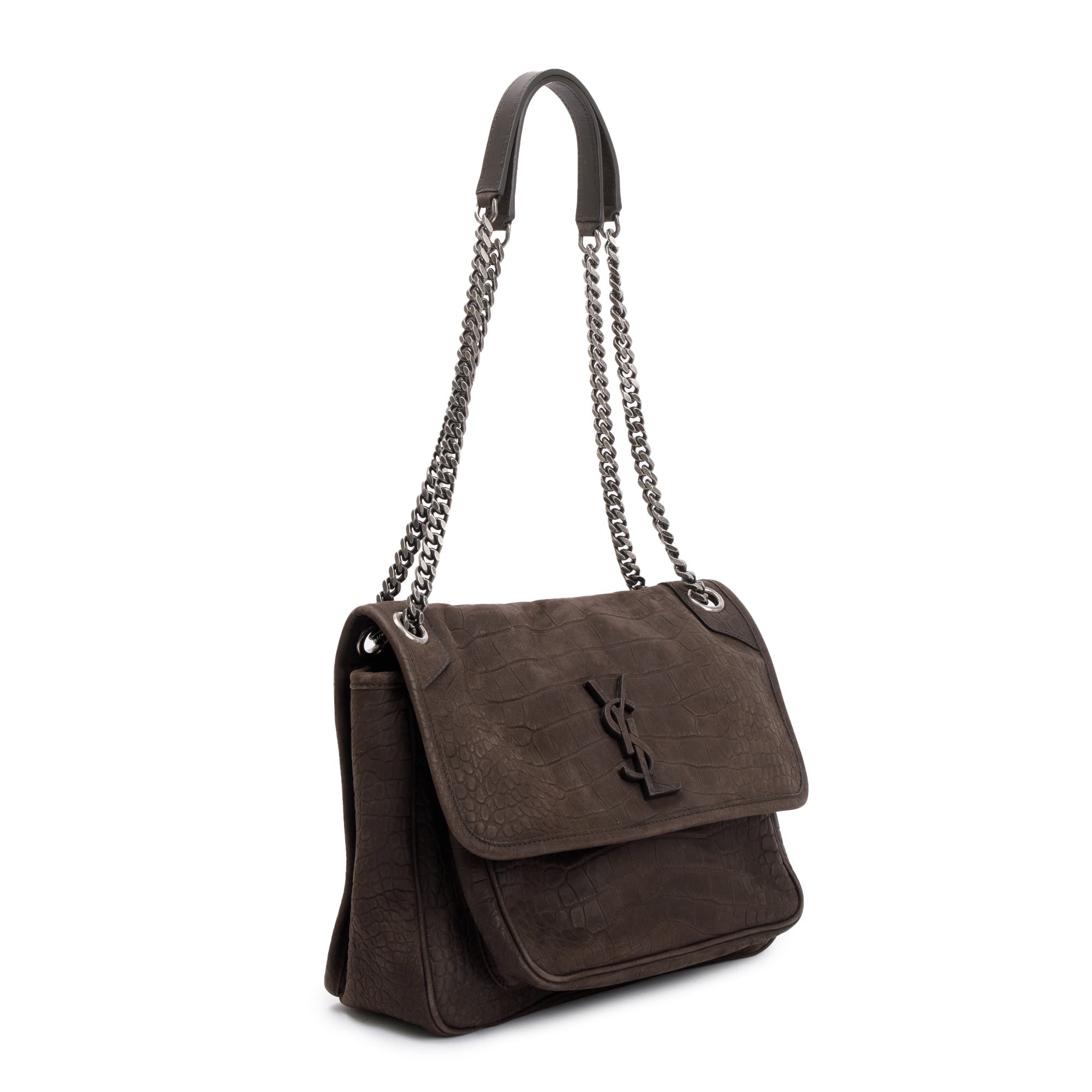 Saint Laurent Brown Crocodile Embossed Nubuck Medium Niki Shoulder Bag