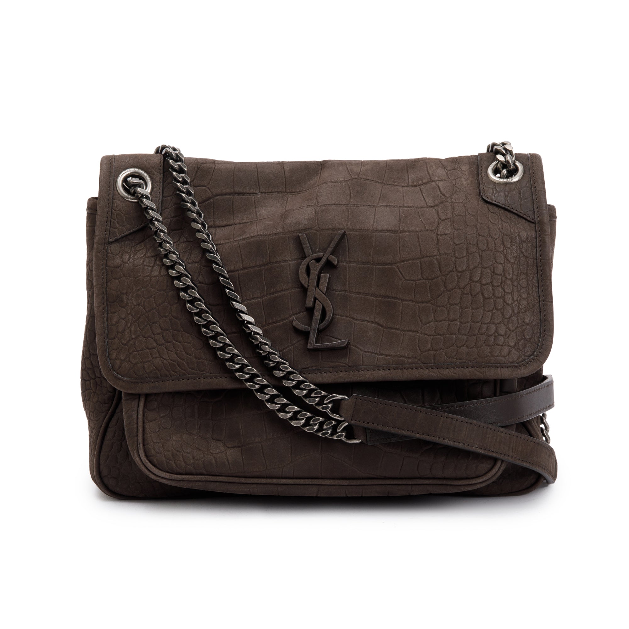 Saint Laurent Brown Crocodile Embossed Nubuck Medium Niki Shoulder Bag