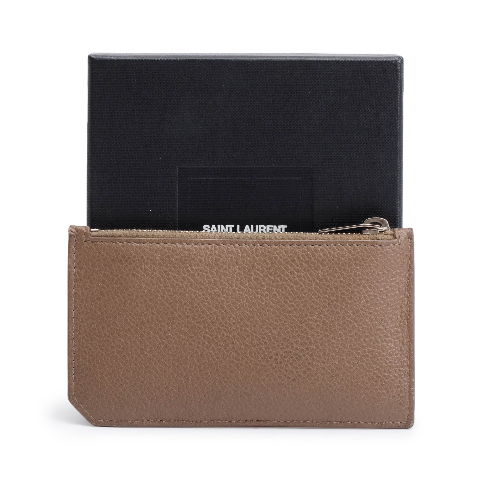 Saint Laurent Brown Grain De Poudre Paris Fragments Zipped Card Case w/ Box