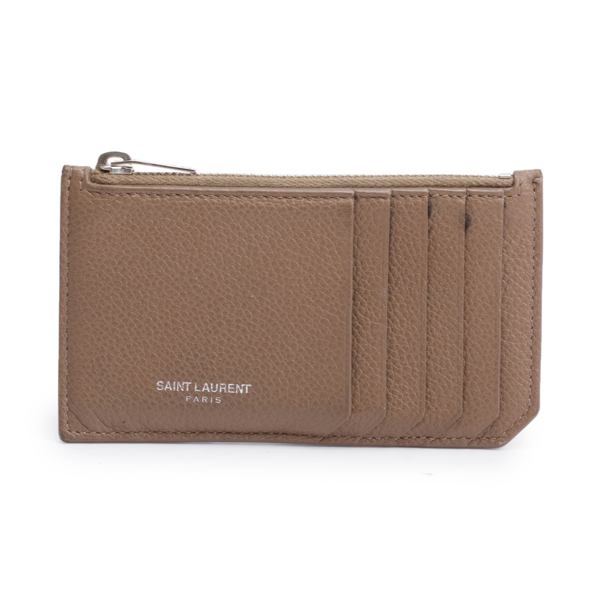 Saint Laurent Brown Grain De Poudre Paris Fragments Zipped Card Case w/ Box