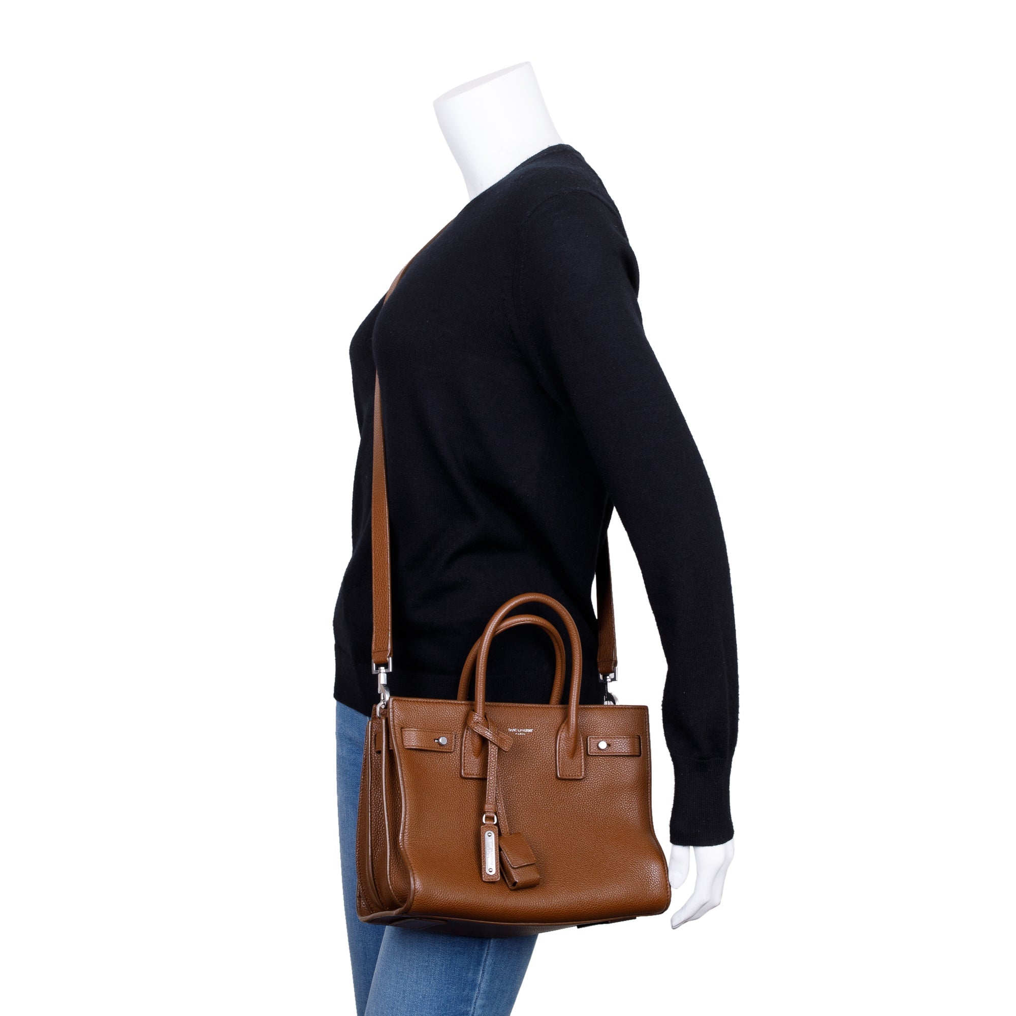 Saint Laurent Brown Grained Calfskin Leather Baby Sac De Jour w/ Strap & Pouch