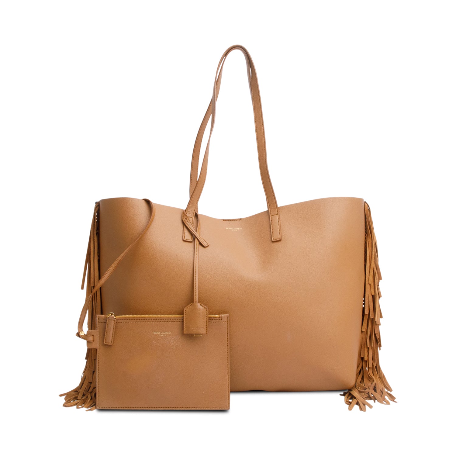 Saint Laurent Brown Leather Fringe E/W Shopping Tote w/ Pouch