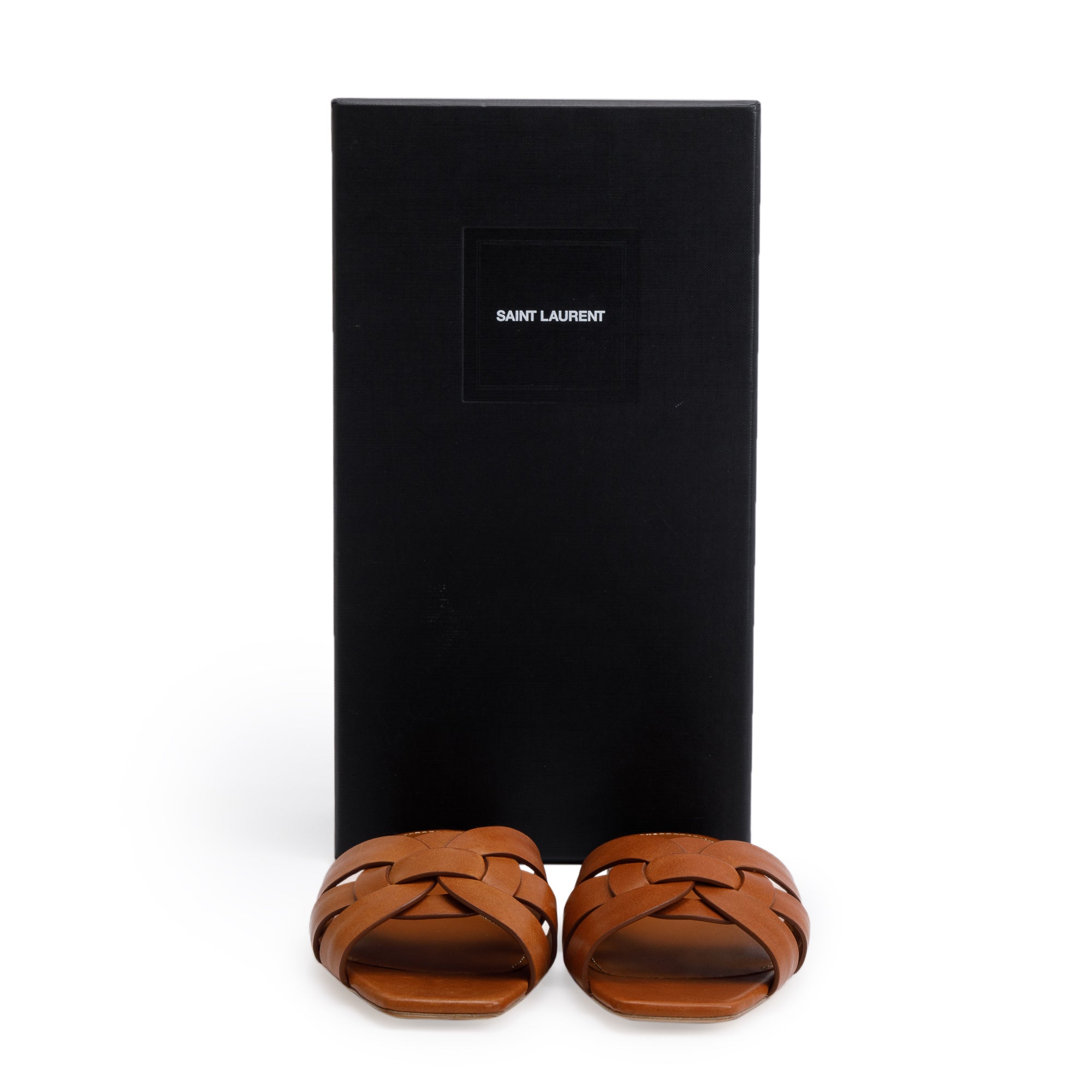 Saint Laurent Brown Smooth Leather Tribute Mules, Size 36.5 w/ Box