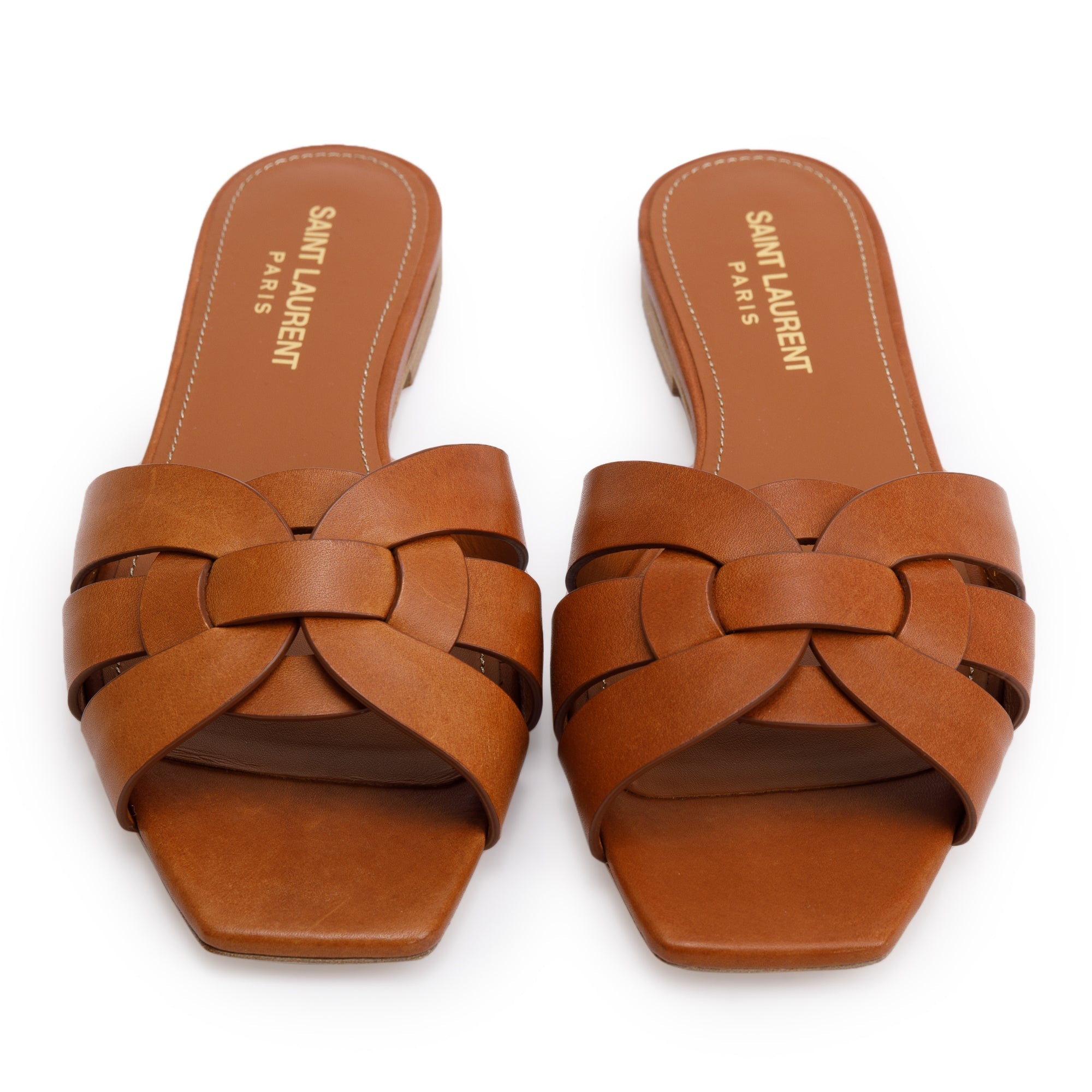 Saint Laurent Brown Smooth Leather Tribute Mules, Size 36.5 w/ Box