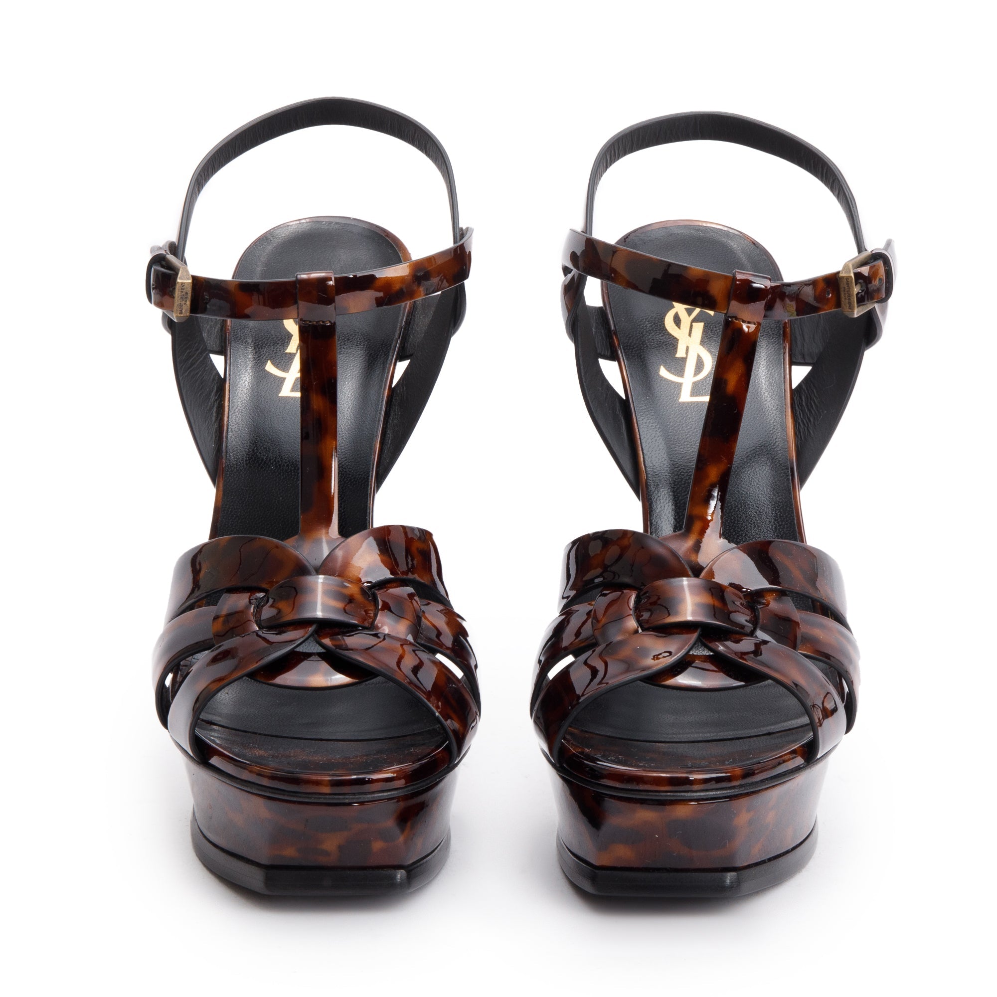 Saint Laurent Brown Tartaruga Patent Leather Tribute 105 Platform Sandals, Size 39 w/ Box