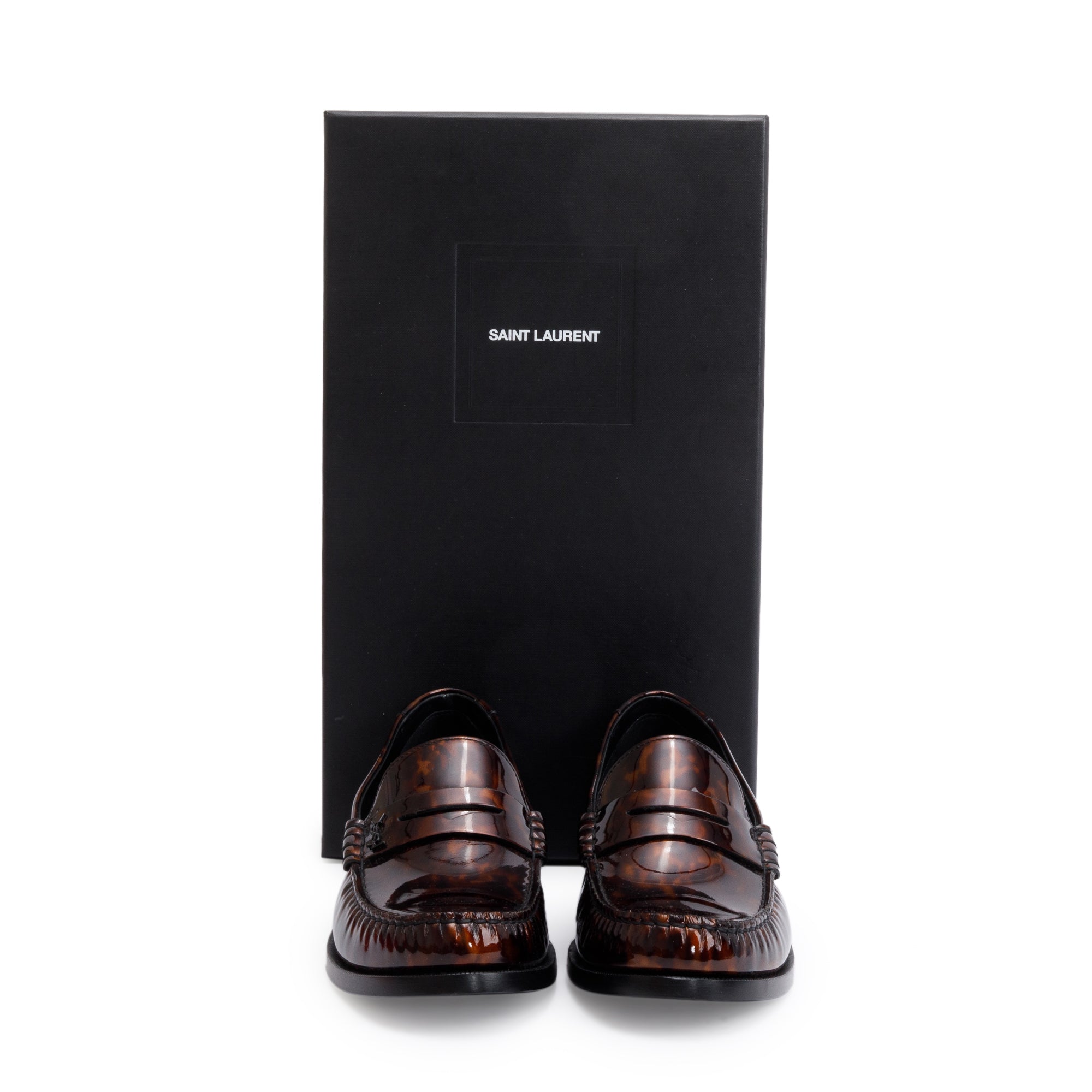 Saint Laurent Brown Tortoisehell Patent Leather Le Loafer Penny Shoes, Size 41.5 w/ Box
