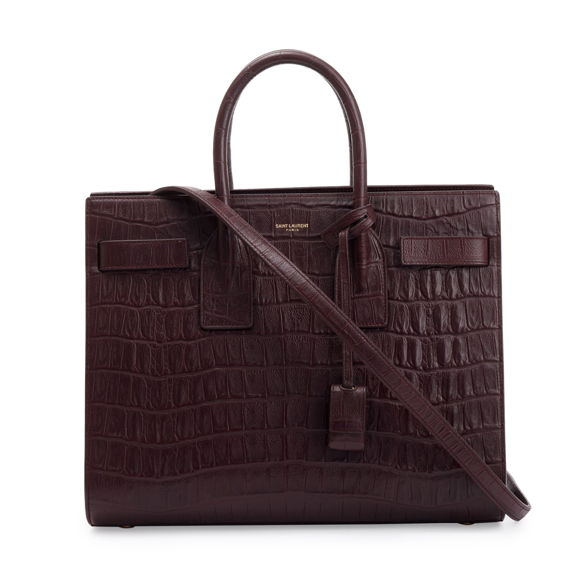 Saint Laurent Burgundy Crocodile Embossed Calfskin Small Sac De Jour w/ Strap