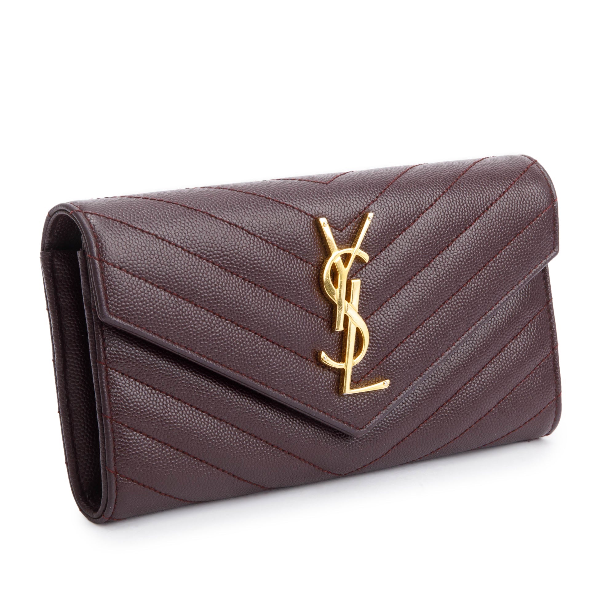 Saint Laurent Burgundy Grain De Poure Cassandre Matelasse Large Flap Wallet w/ Box