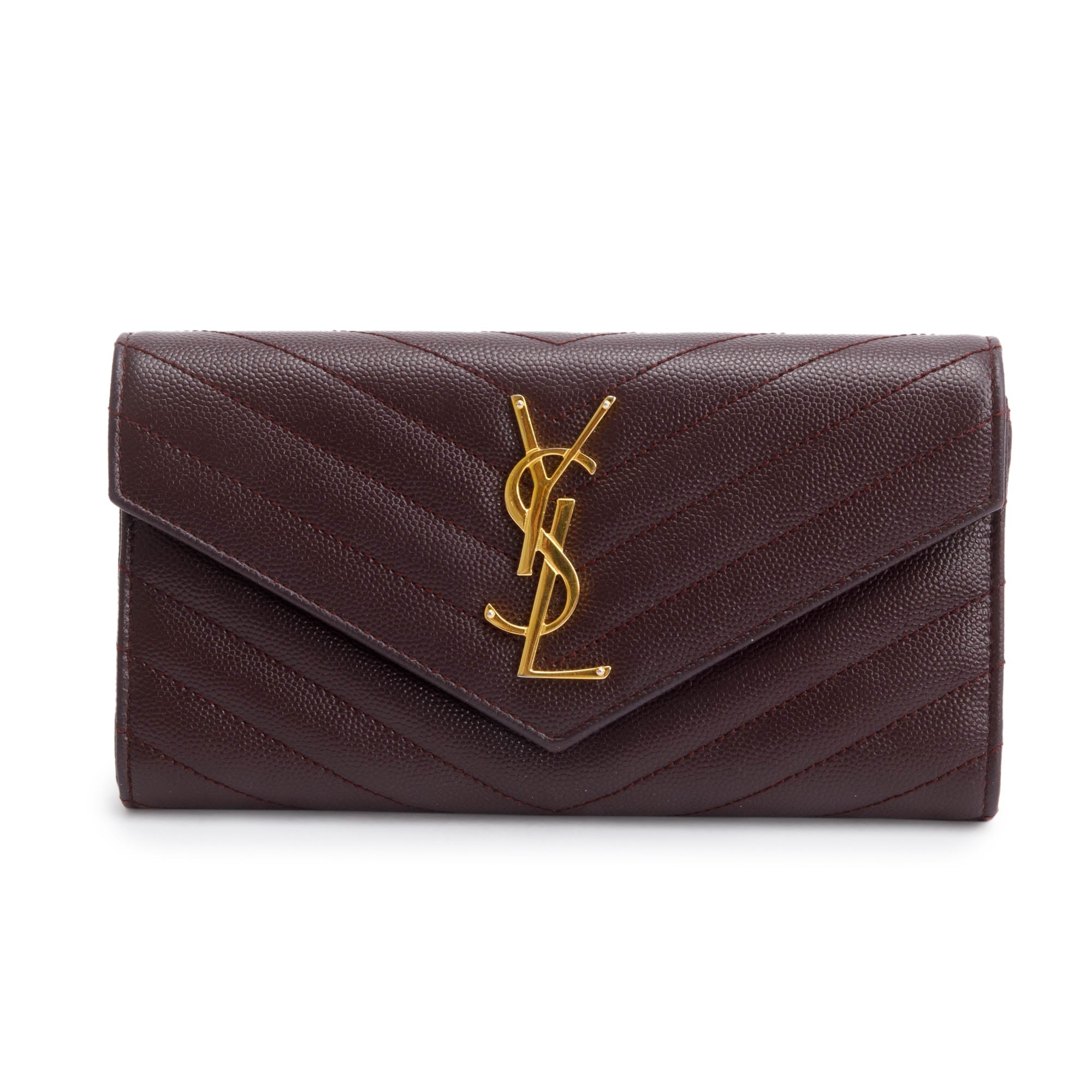 Saint Laurent Burgundy Grain De Poure Cassandre Matelasse Large Flap Wallet w/ Box