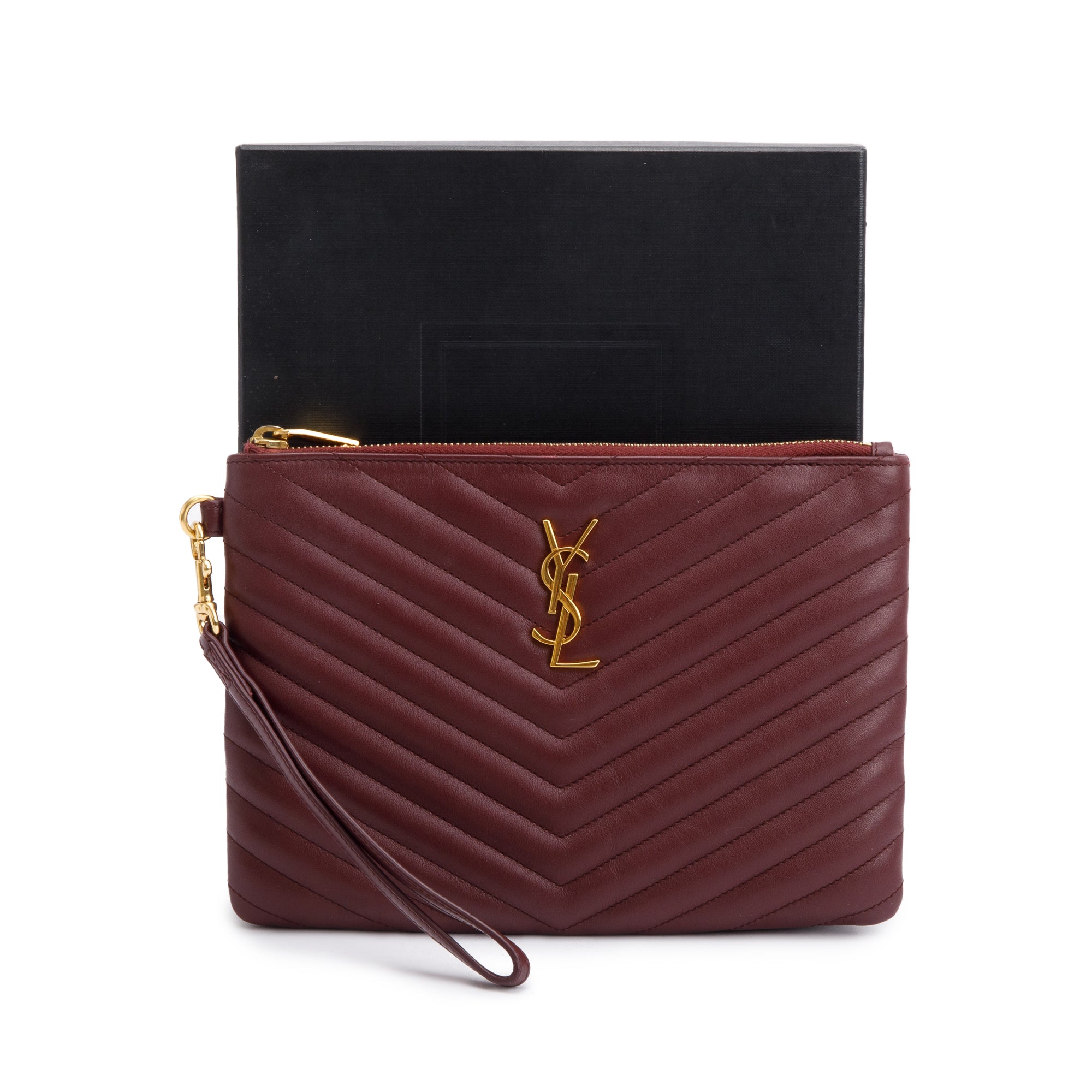 Saint Laurent Burgundy Leather Cassandre Matelasse A5 Pouch w/ Box