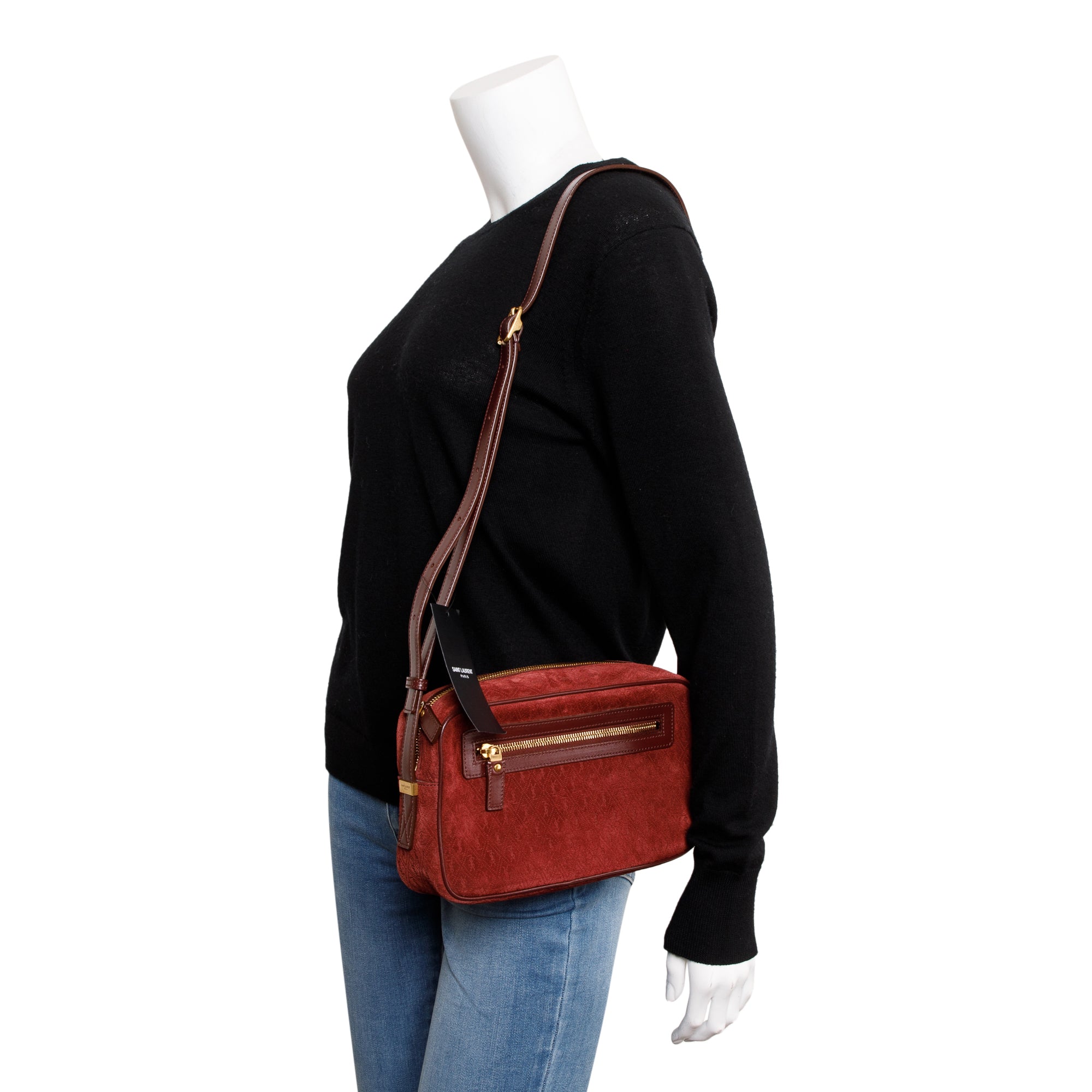 Saint Laurent Burgundy Suede Monogram All Over Camera Bag